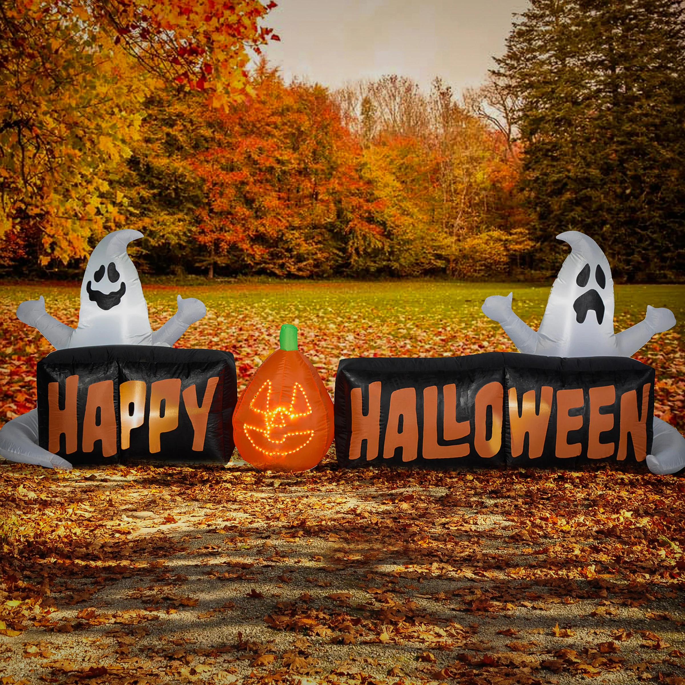 9 ft. Airblown Inflatable Happy Halloween Sign with Ghosts and Flashing Lights - Image 2
