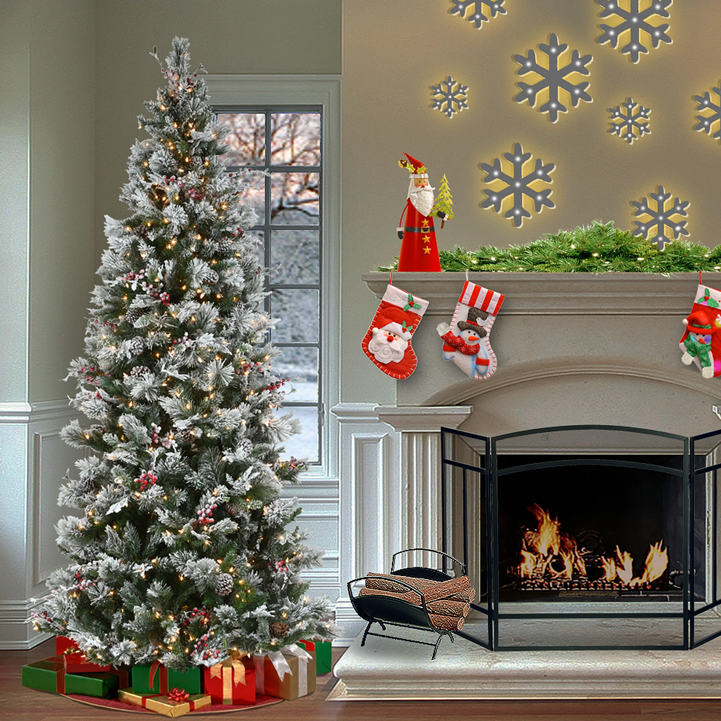 9ft. Pre-Lit Snowy Bedford Pine Hinged Tree with PowerConnect Clear Lights, Plug-In - Image 2