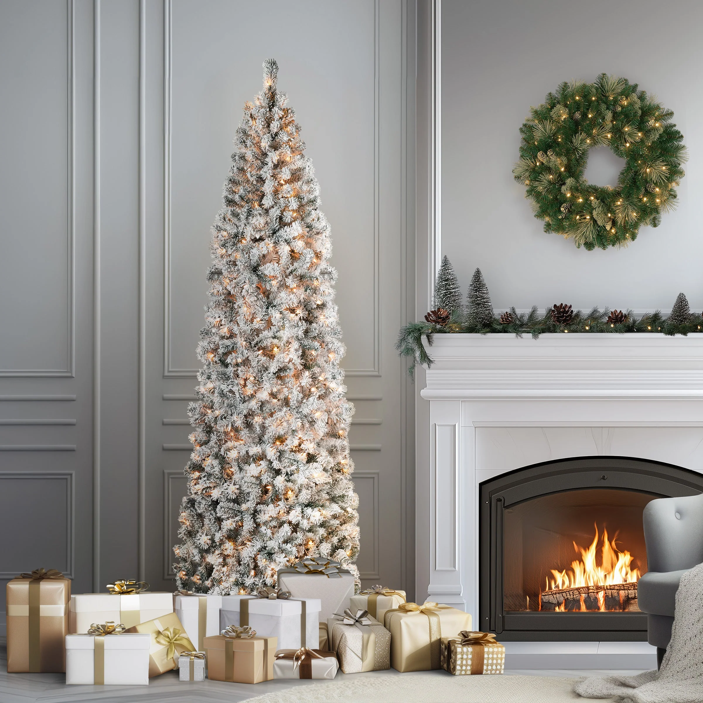 9 ft. Pre-Lit Acacia Flocked Slim Tree with Clear Lights - Image 3