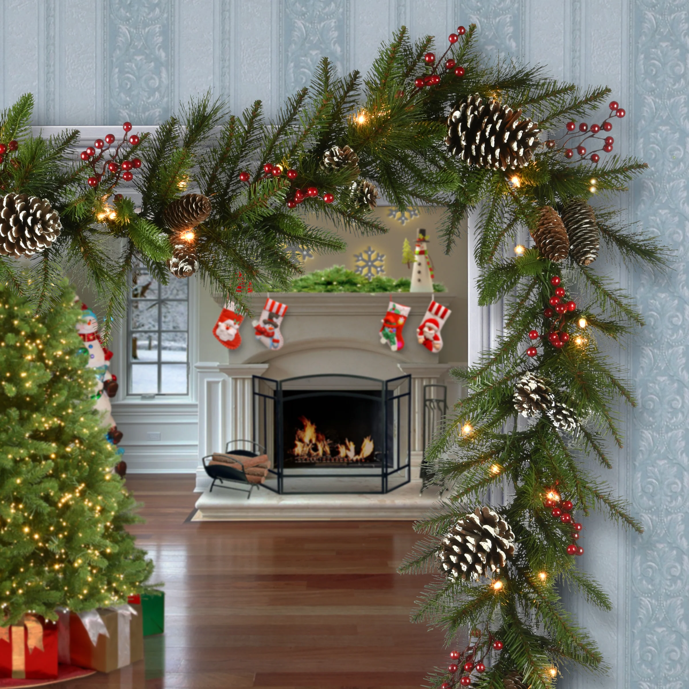 9 ft. Pre-Lit Bristle Berry Pine Garland with LED Lights - Image 2