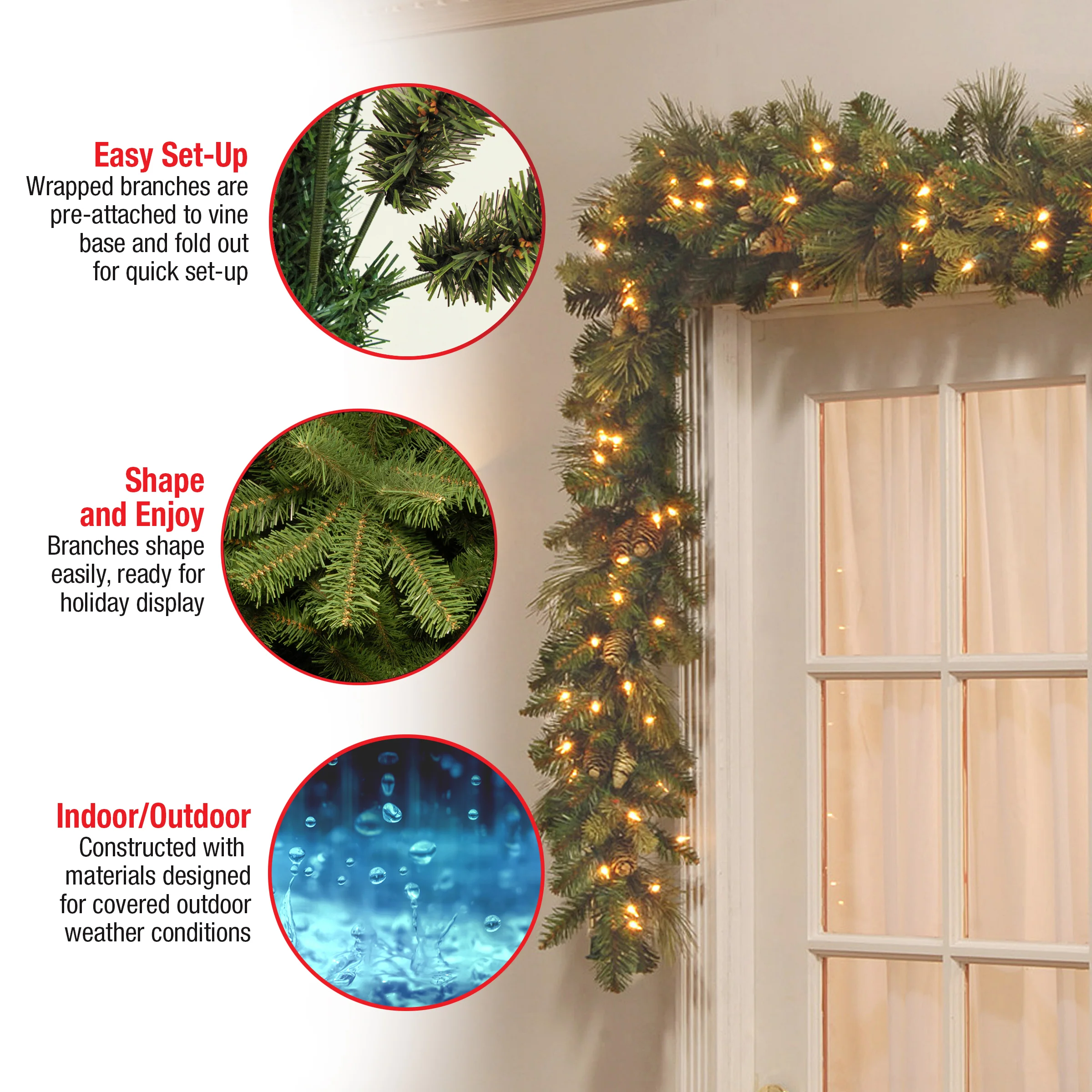 9 ft. Pre-Lit Carolina Pine Garland with Clear Lights, Plug-In - Image 7