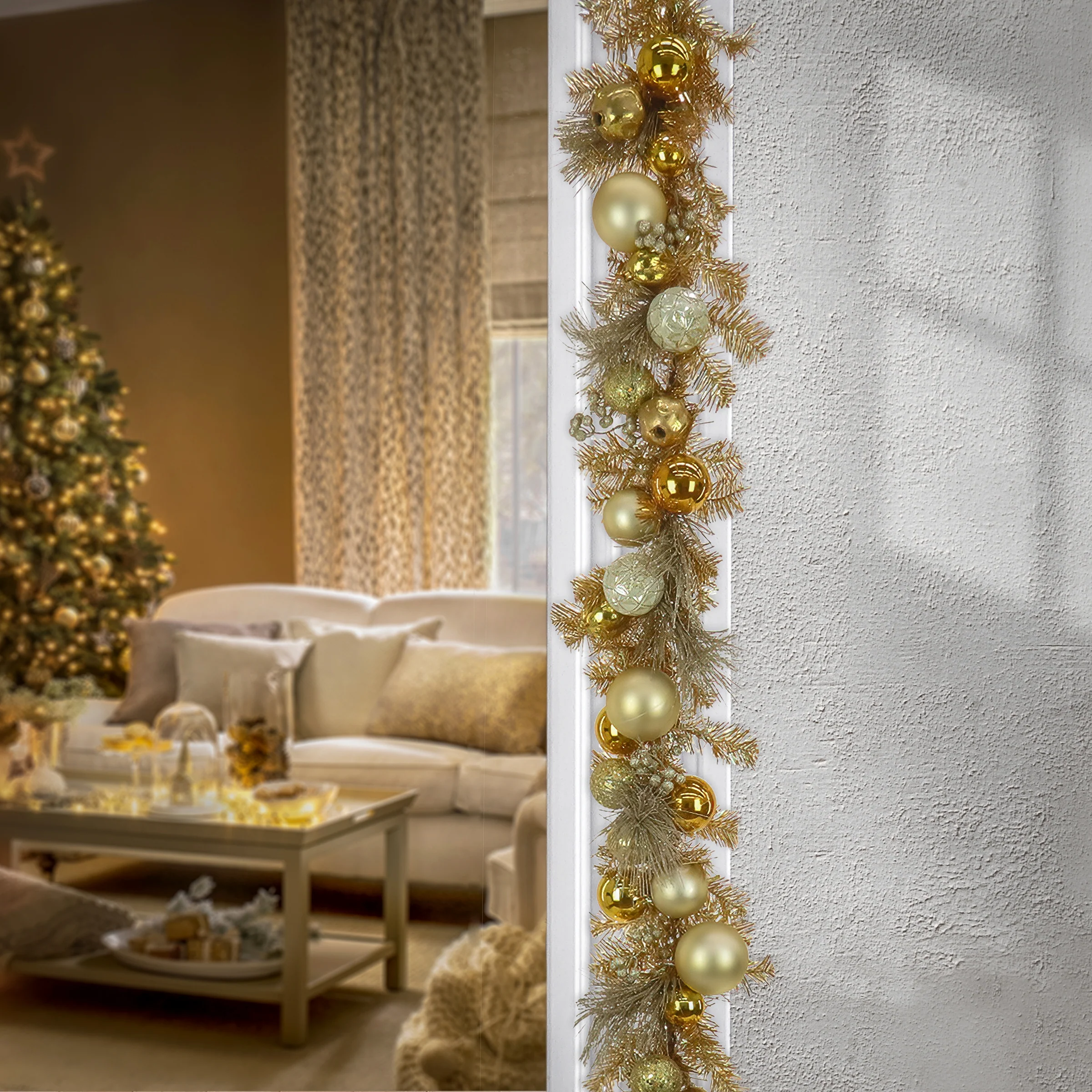 9 ft. Pre-Lit Christmas Be Merry Trimmed Gold Garland with Warm White LED Lights - Image 2