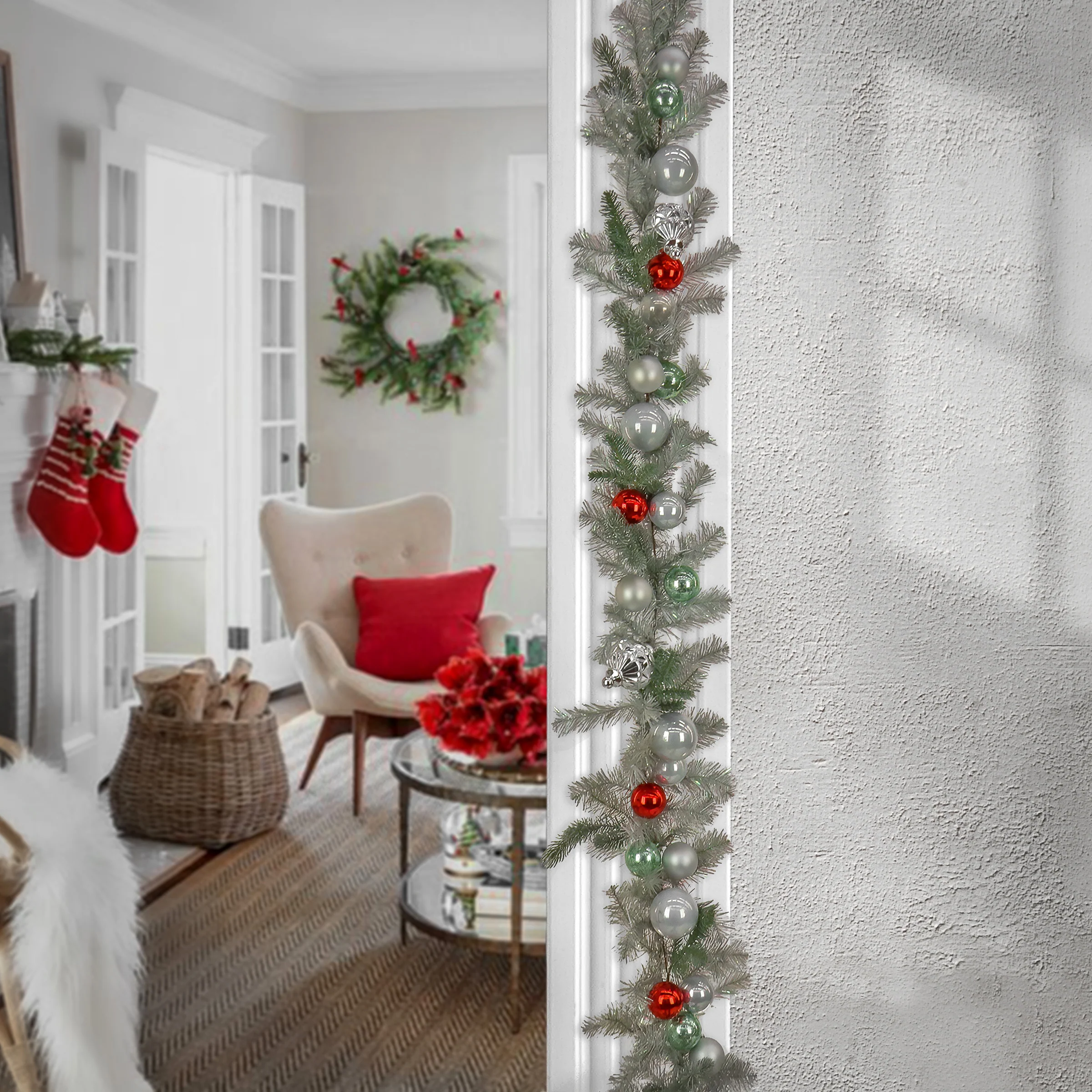 9 ft. Pre-Lit Christmas Be Merry Trimmed Silver Garland with Pure White LED Lights - Image 2