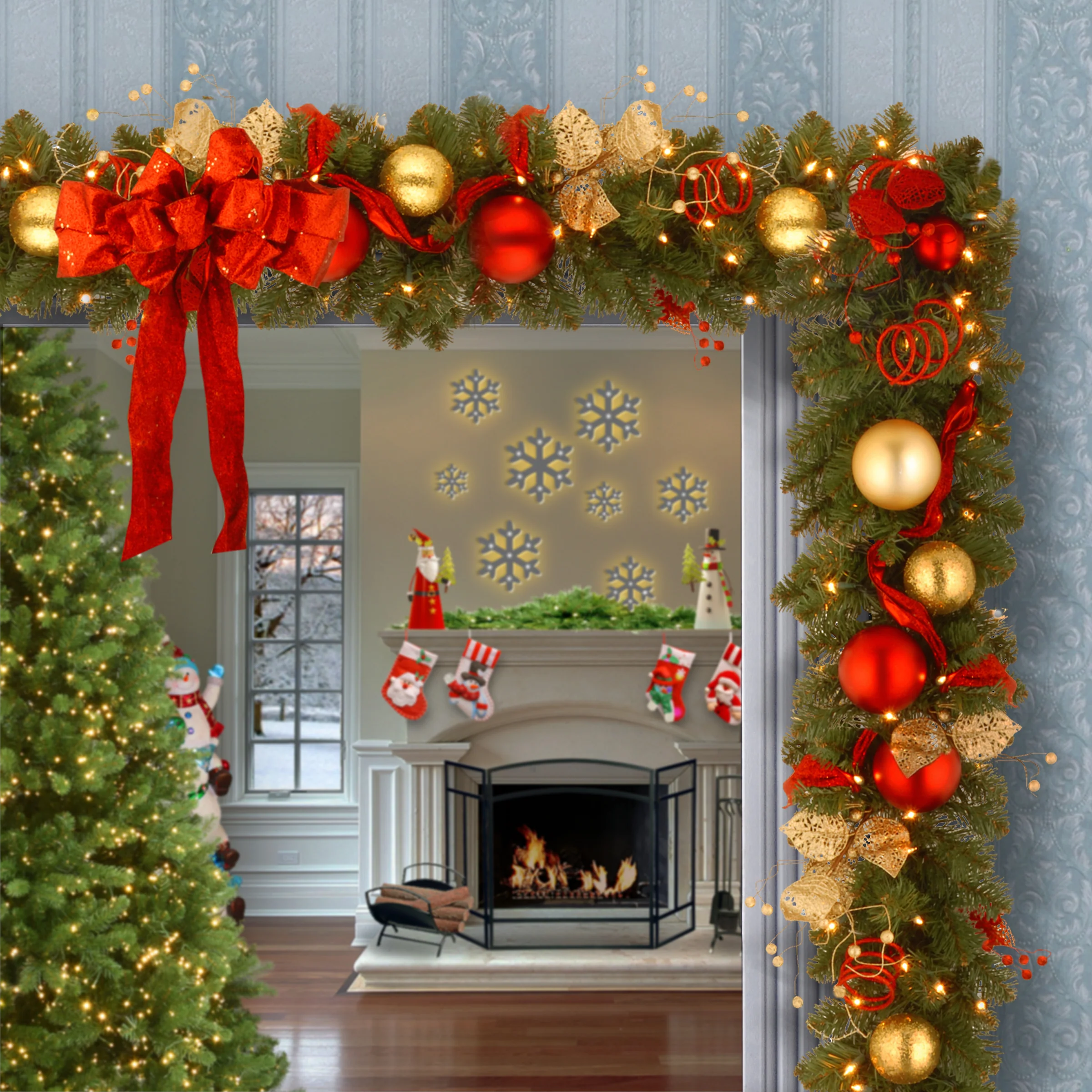 9 ft. Pre-Lit Decorative Collection Cozy Christmas Garland with Red and Clear Lights - Image 2