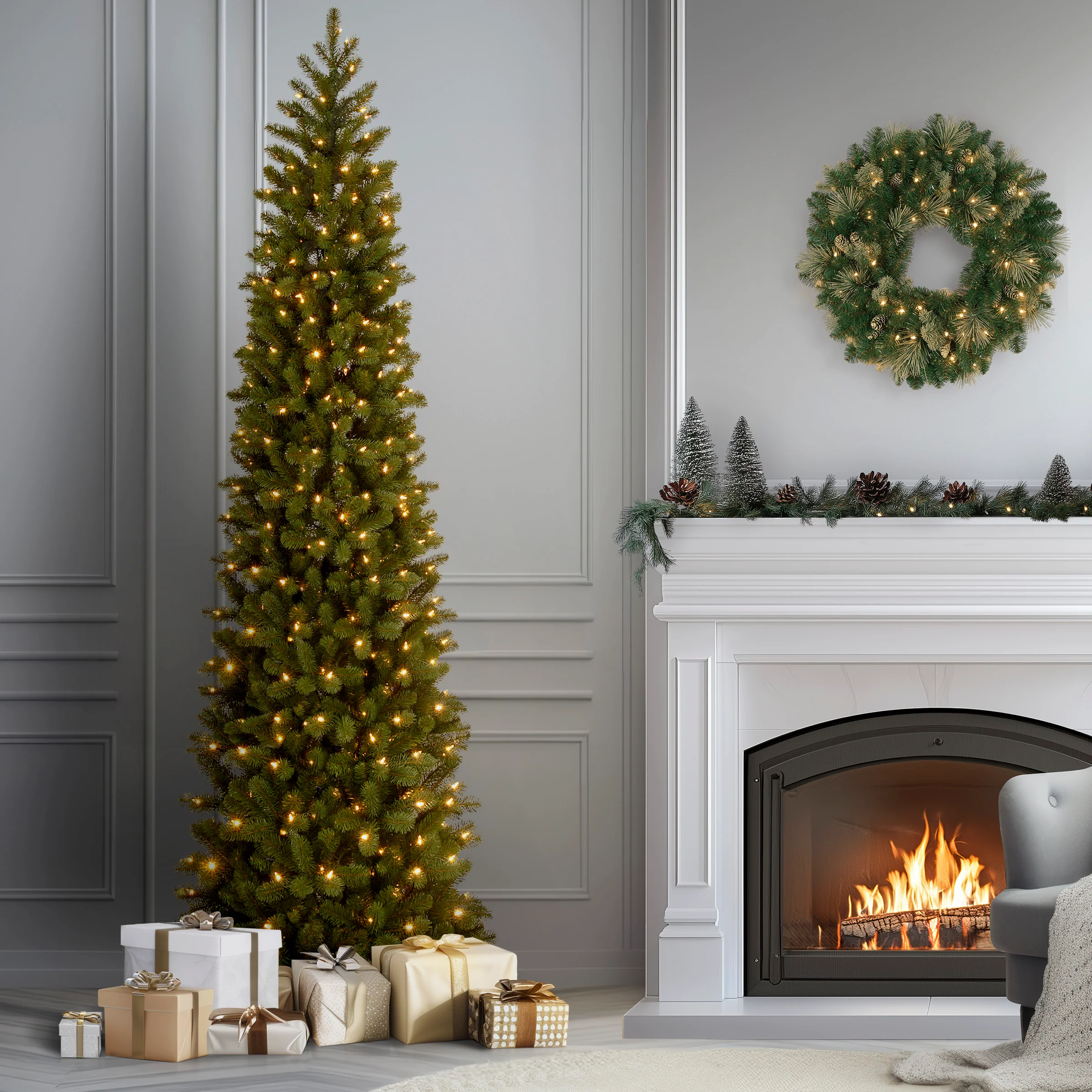 9 ft. Pre-Lit Downswept Douglas Fir Pencil Slim Tree with Dual Color LED Lights, Plug-In - Image 2