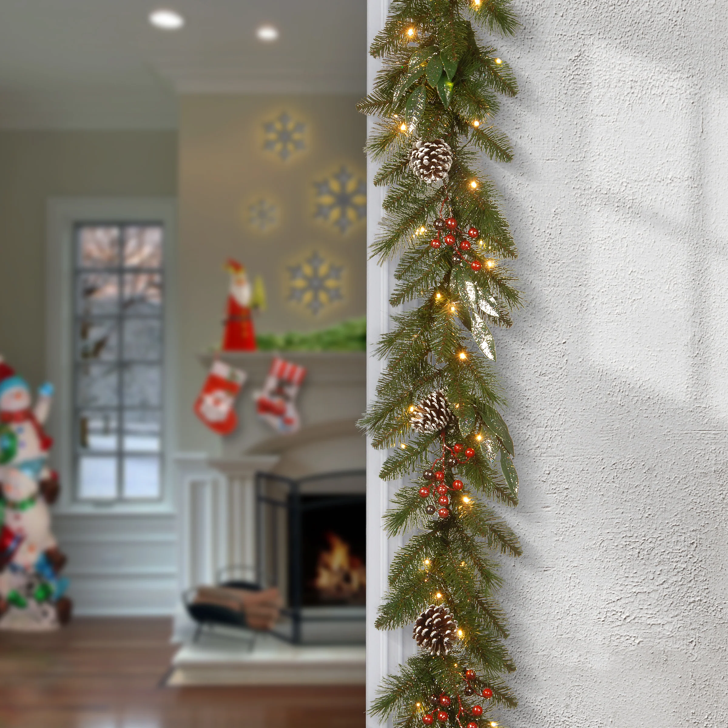 9 ft. Pre-Lit Frosted Pine Berry Garland with Clear Lights - Image 2