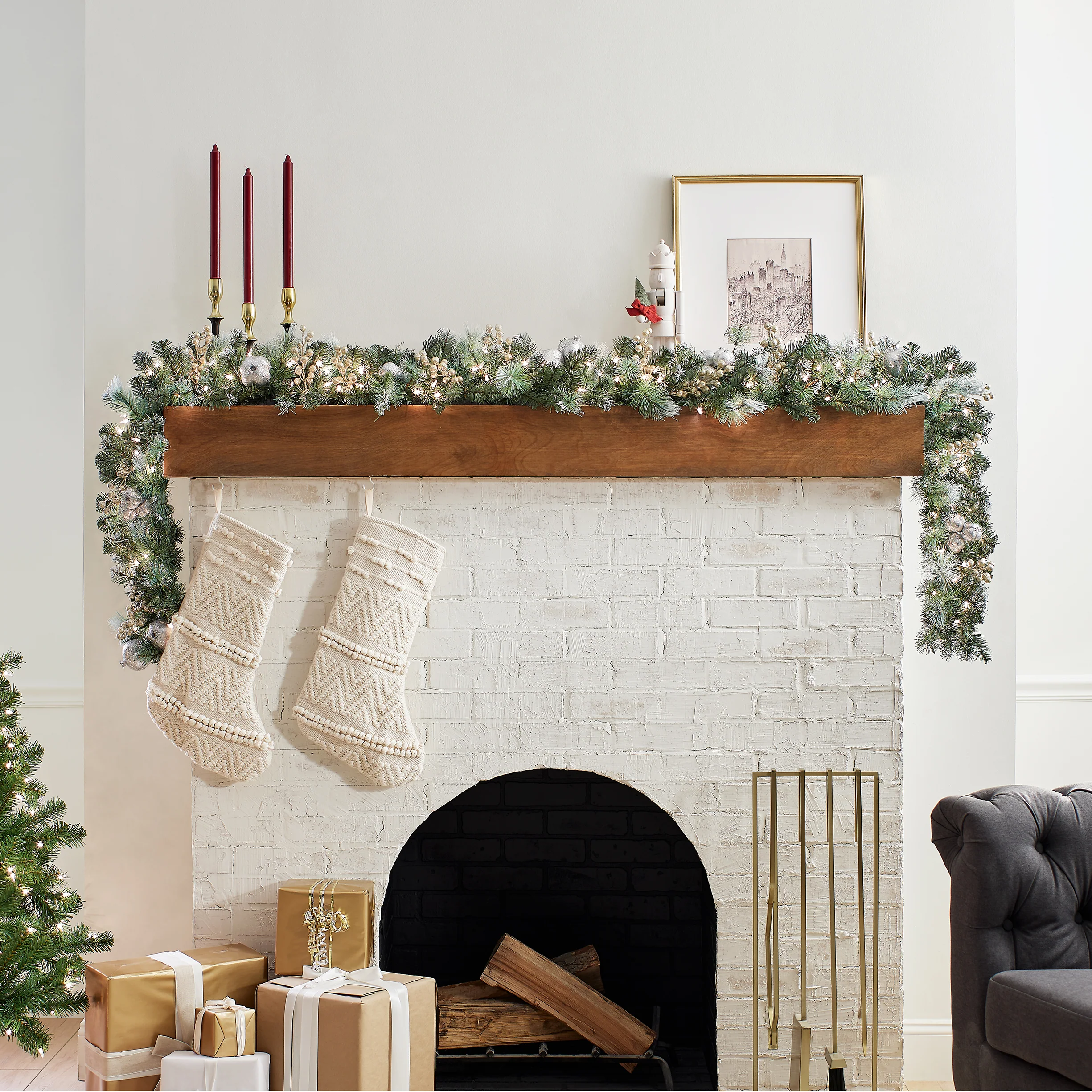 9 ft. Pre-Lit Glittery Pine Pomegranate Garland with Clear Lights, Plug-In - Image 2