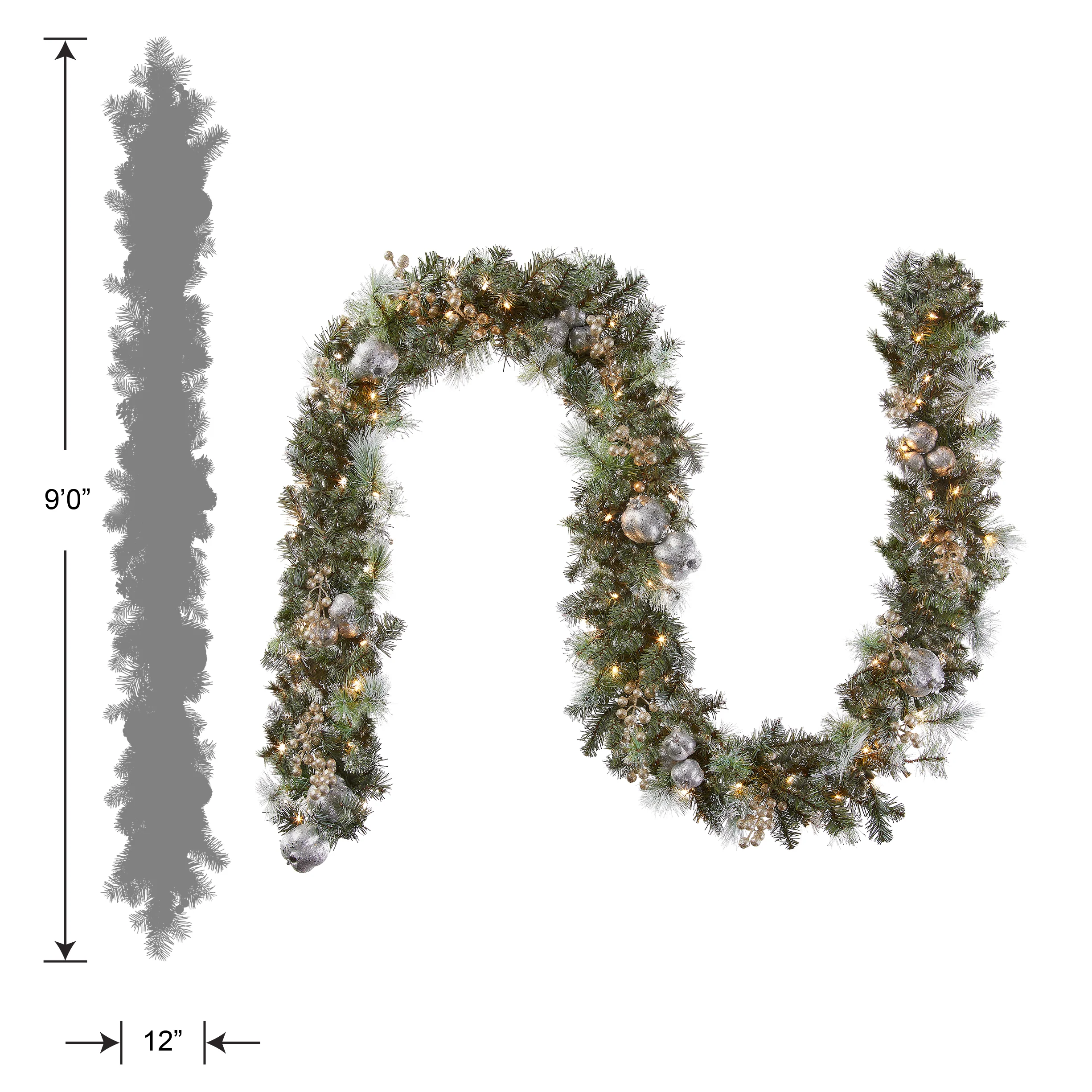 9 ft. Pre-Lit Glittery Pine Pomegranate Garland with Clear Lights, Plug-In - Image 4