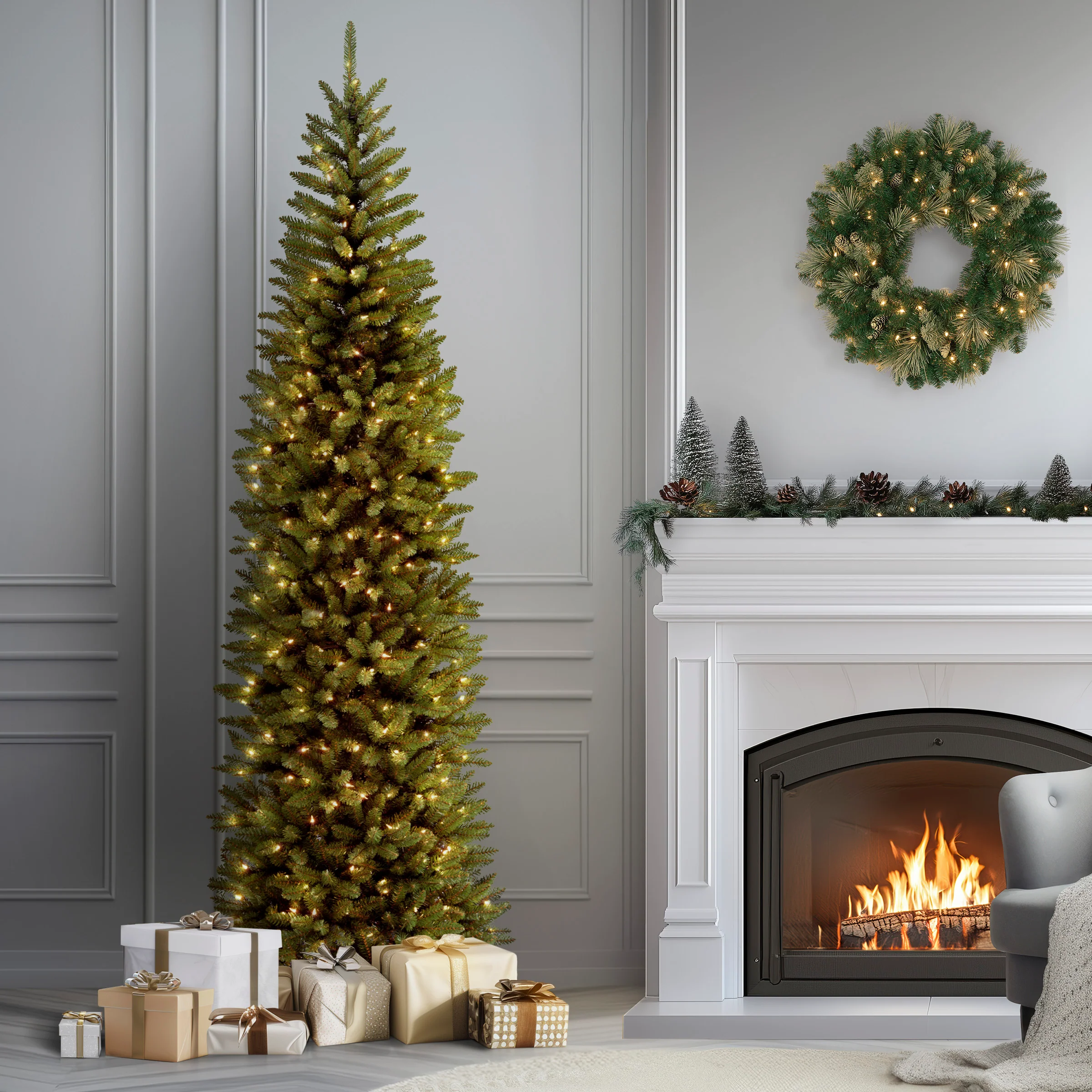 9 ft. Pre-Lit Kingswood Fir Pencil Tree with Clear Lights, Plug-In - Image 2
