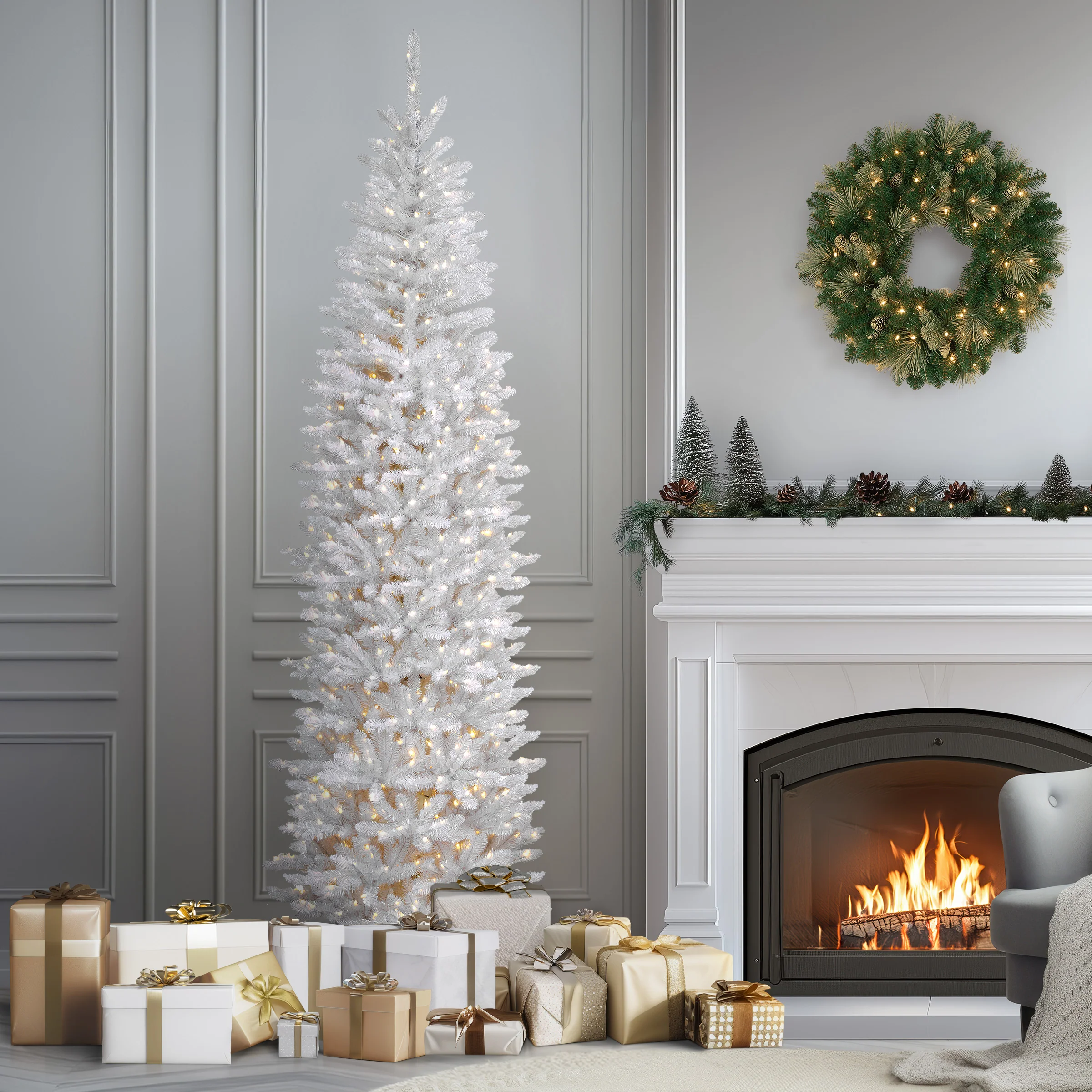 9 ft. Pre-Lit Kingswood Fir White Pencil Tree with Clear Lights, Plug-In - Image 2