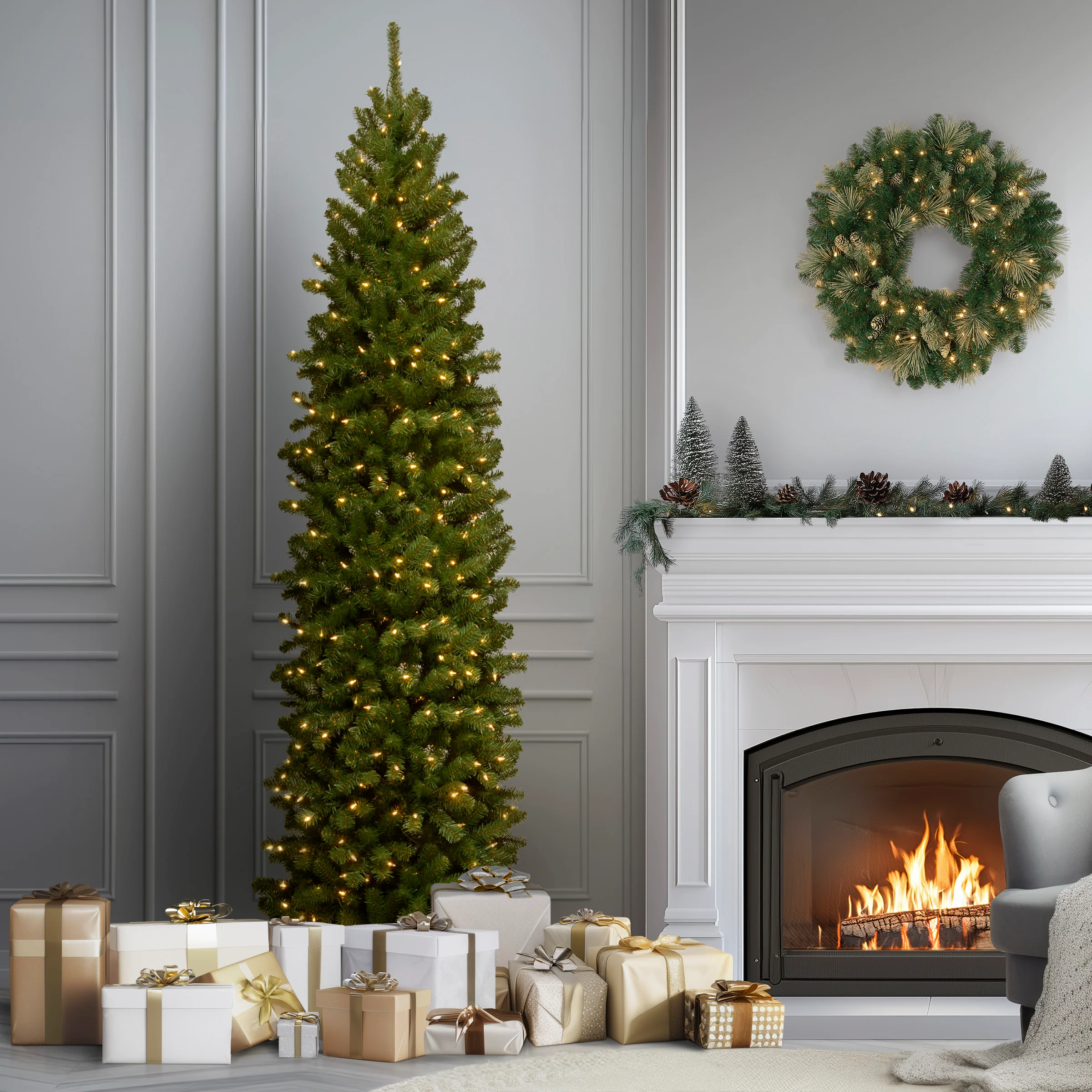 9 ft. Pre-Lit North Valley Spruce Pencil Slim Tree with Clear Lights, Plug-In - Image 2