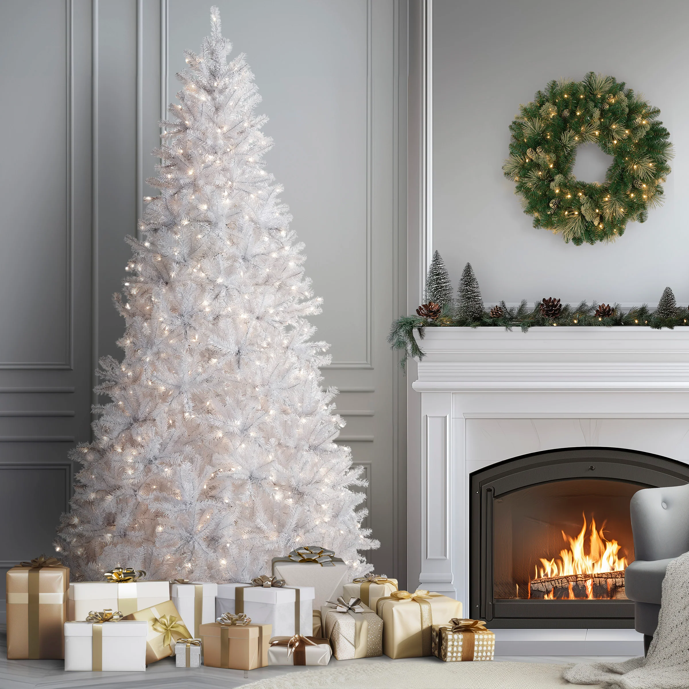 9 ft. Pre-Lit North Valley Spruce White Tree with Clear Lights, Plug-In - Image 2