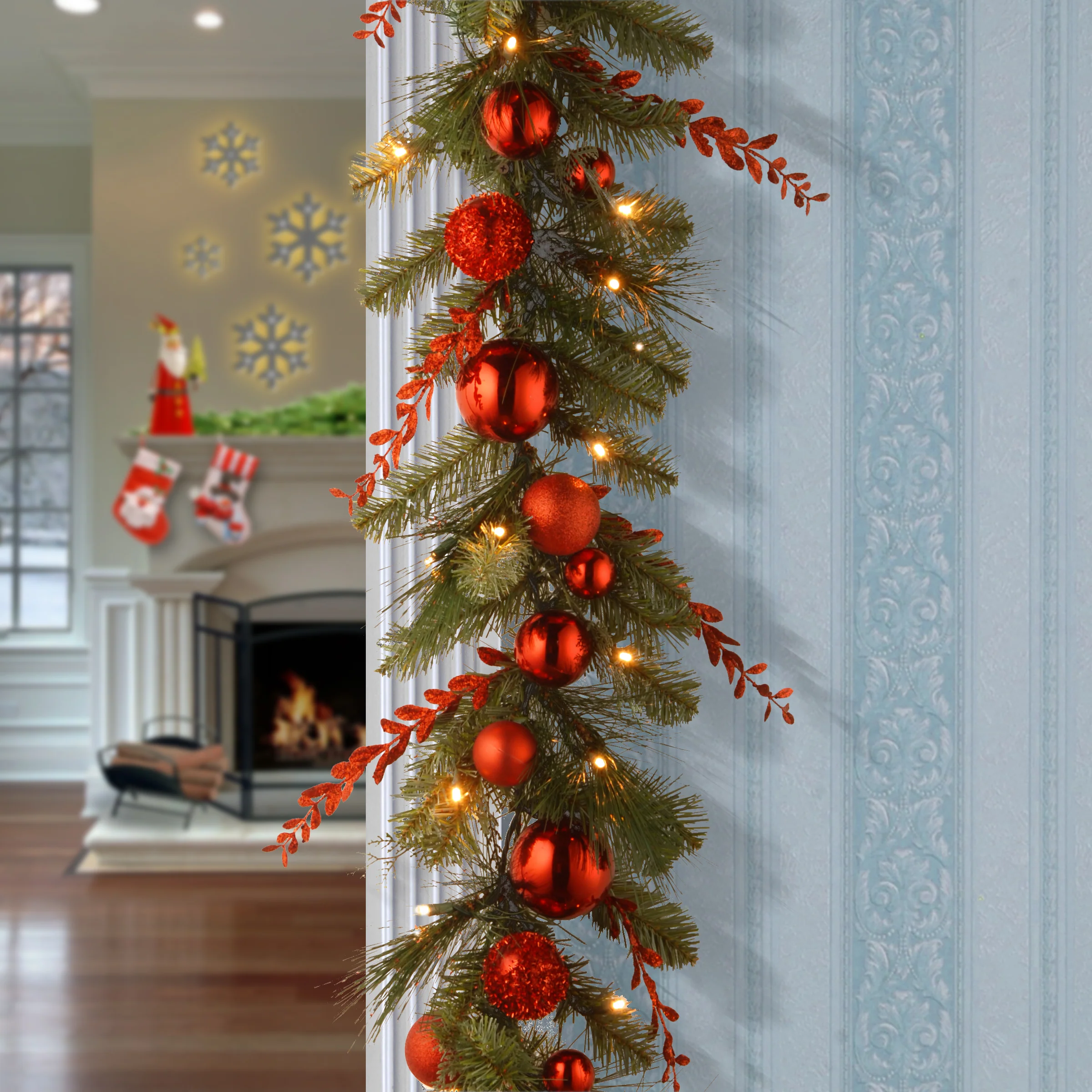 9 ft. Pre-Lit Red Mixed Garland with Warm White LED - Image 2