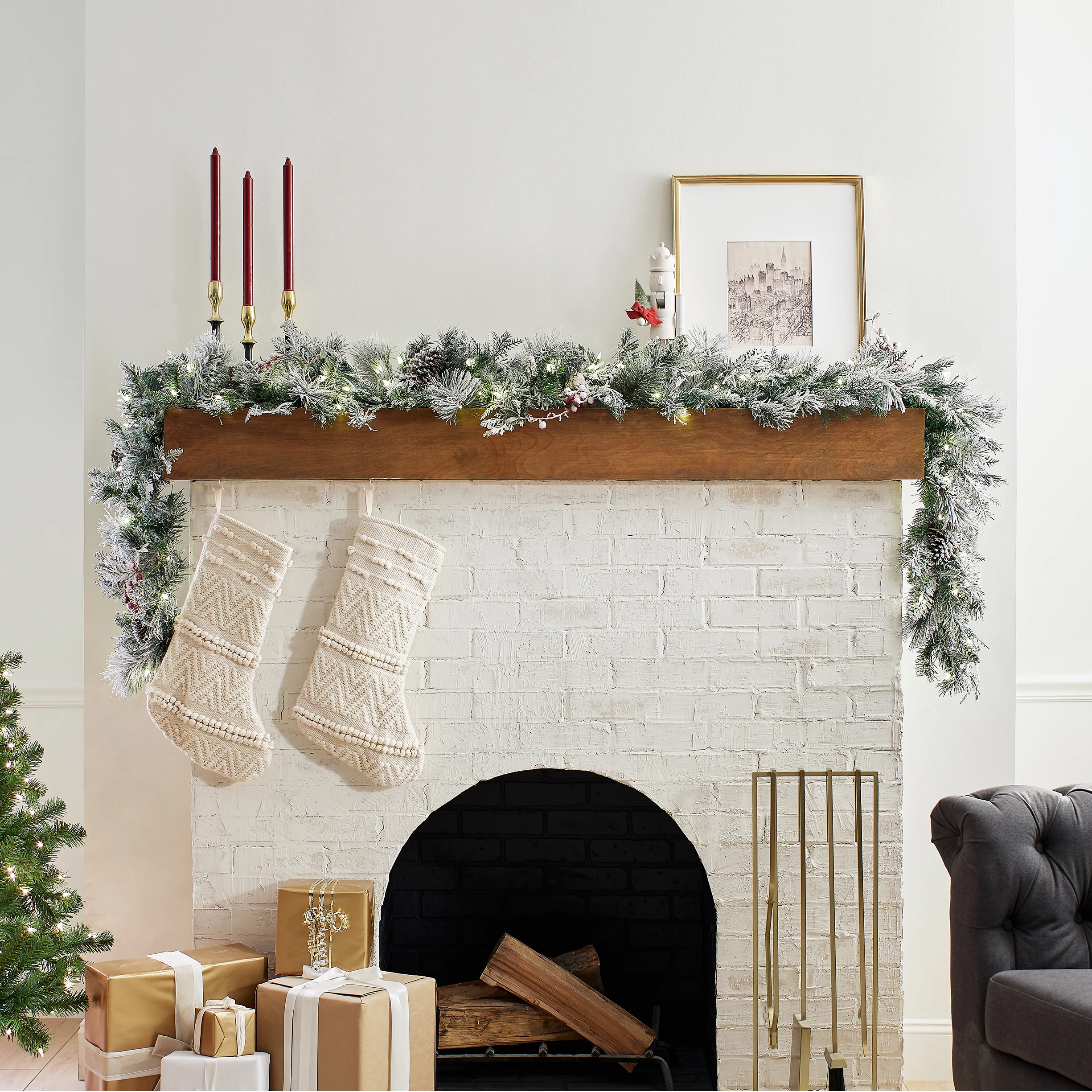 9 ft. Pre-Lit Snowy Bedford Pine Garland with LED Lights - Image 2
