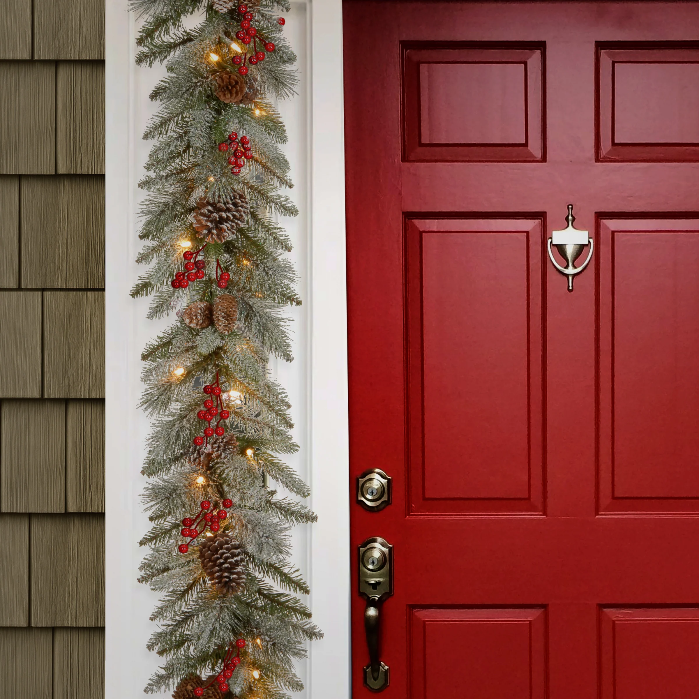9 ft. Pre-Lit Snowy Bristle Berry Garland with Clear Lights, Plug-In - Image 2