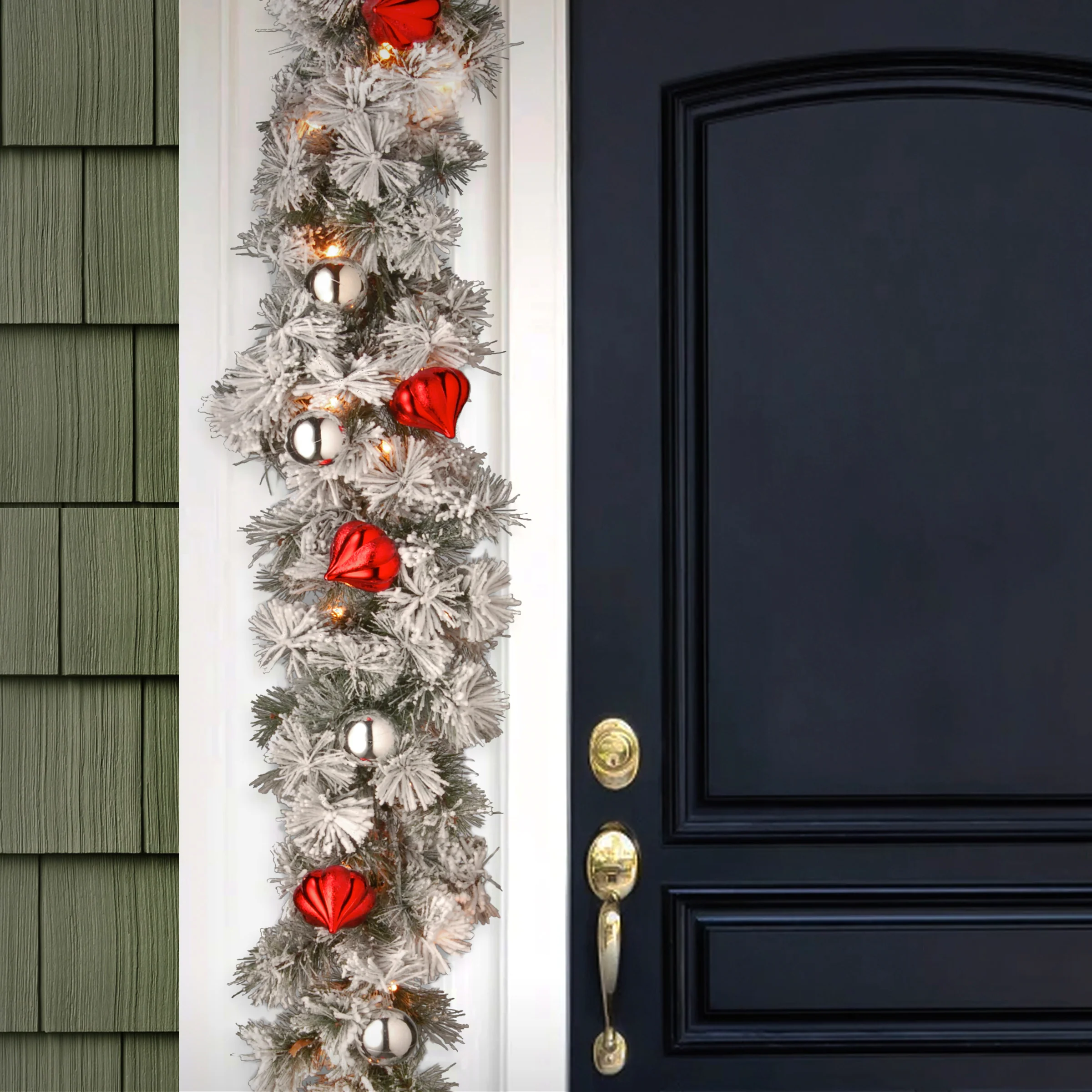 9 ft. Pre-Lit Snowy Bristle Pine Garland with Clear Lights and Ornaments, Plug-In - Image 2