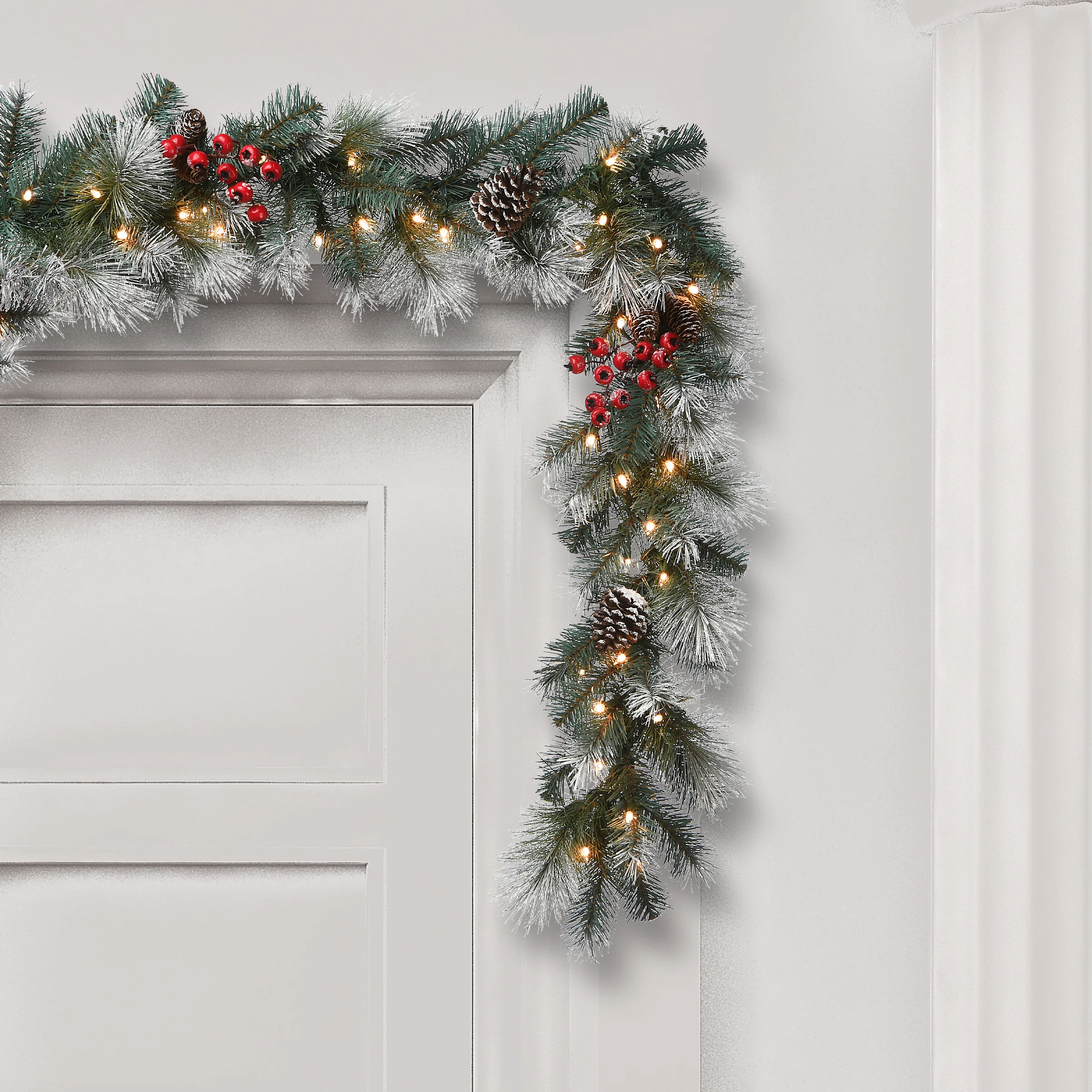 9 ft. Pre-Lit Snowy Glacier Pine Garland with Clear Lights - Image 2