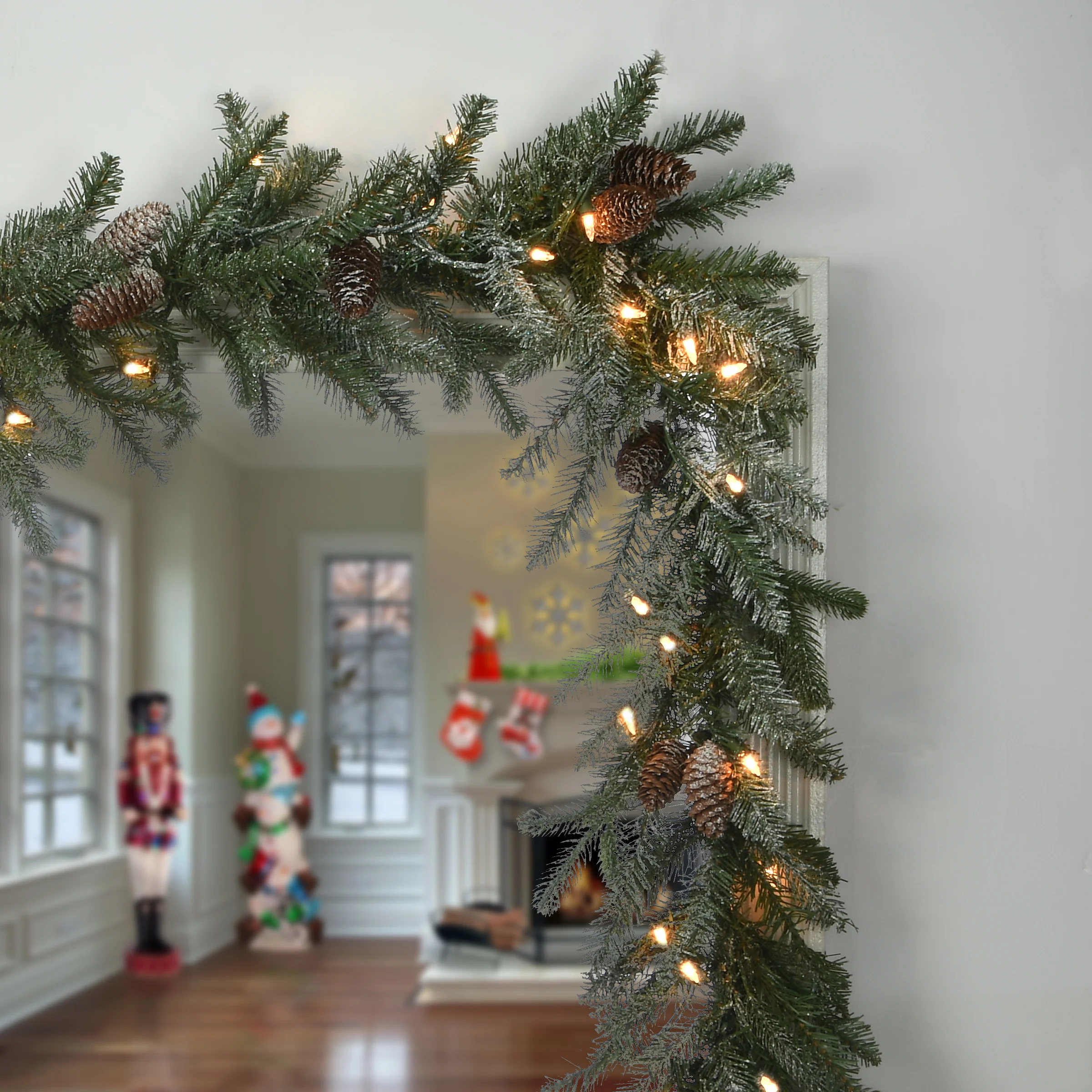 9 ft. Pre-Lit Snowy Morgan Spruce Garland with Clear Lights - Image 2