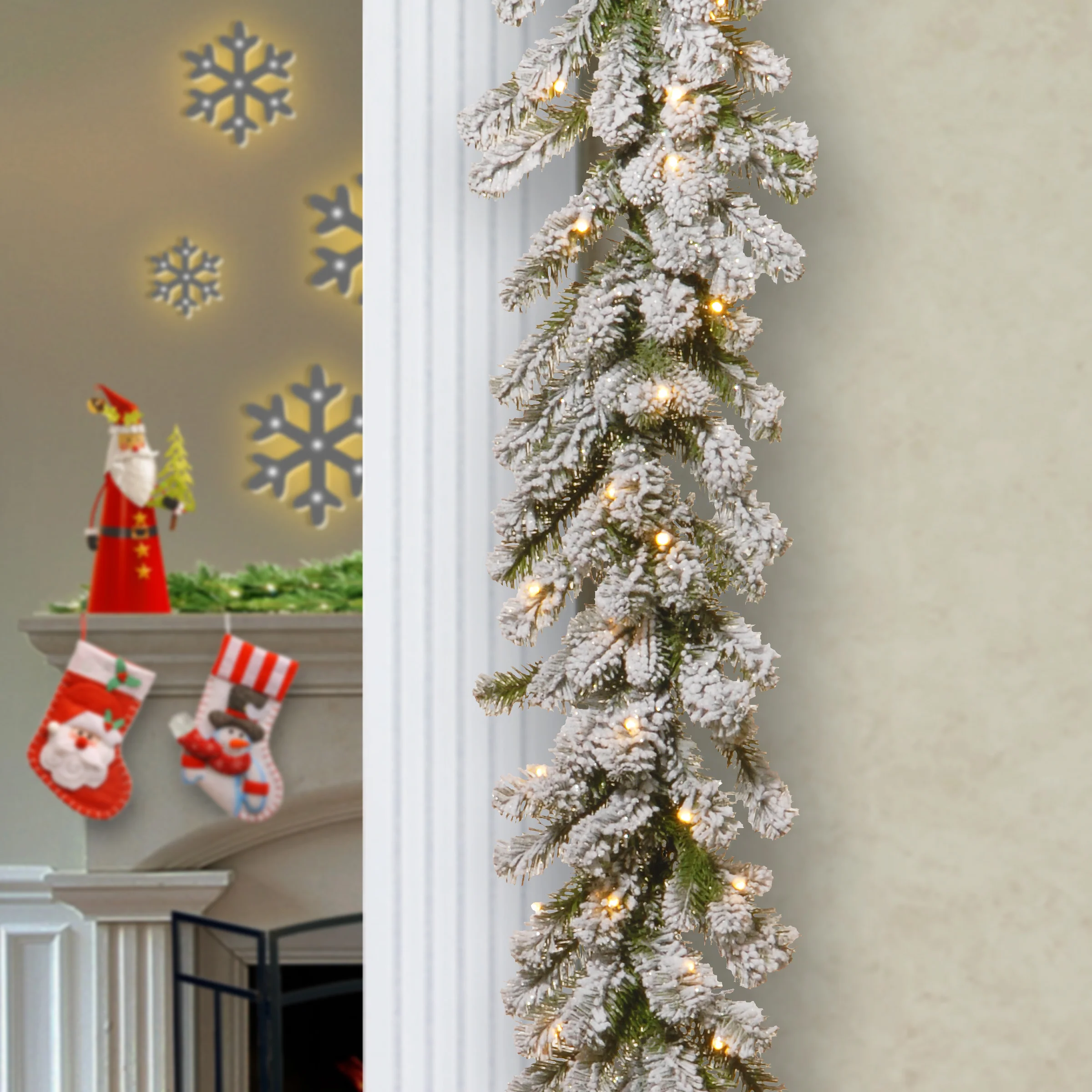 9 ft. Pre-Lit Snowy Sheffield Spruce Garland with Clear Lights, Plug-In - Image 2
