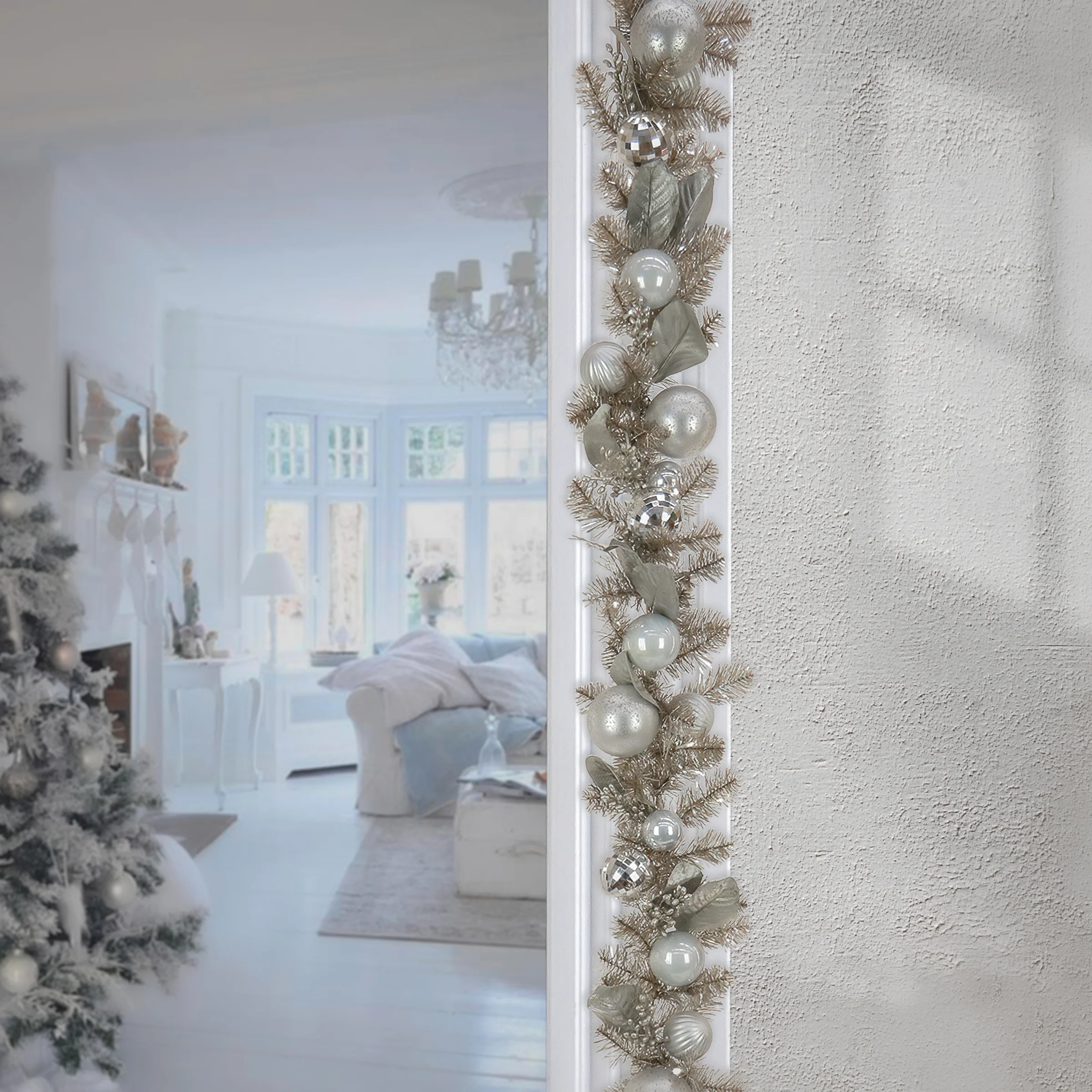 9 ft. Pre-Lit Yuletide Glam Silver Garland with Pure White LED Lights - Image 2