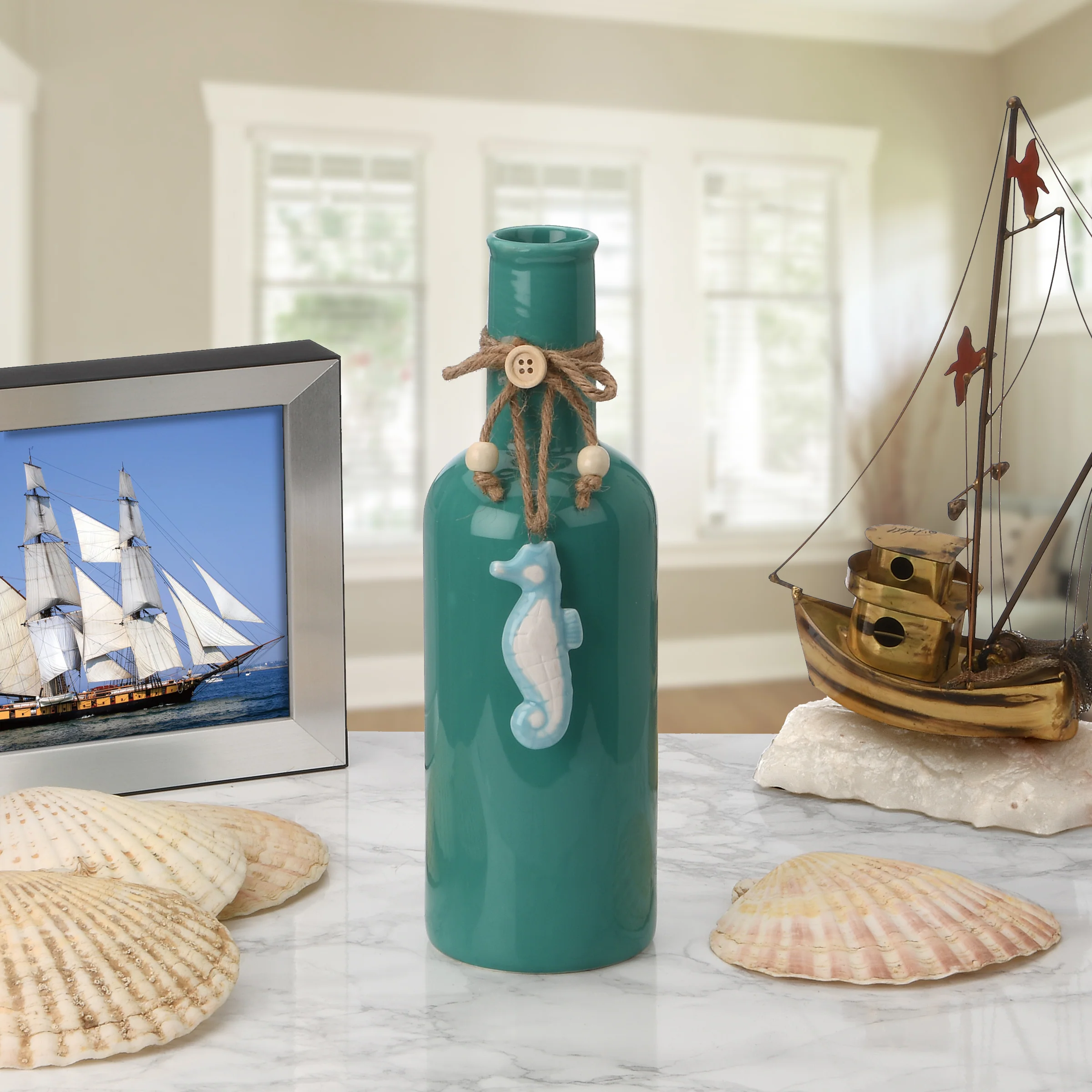 9 in. Spring Turquoise Porcelain Vase with Sea Horse - Image 2