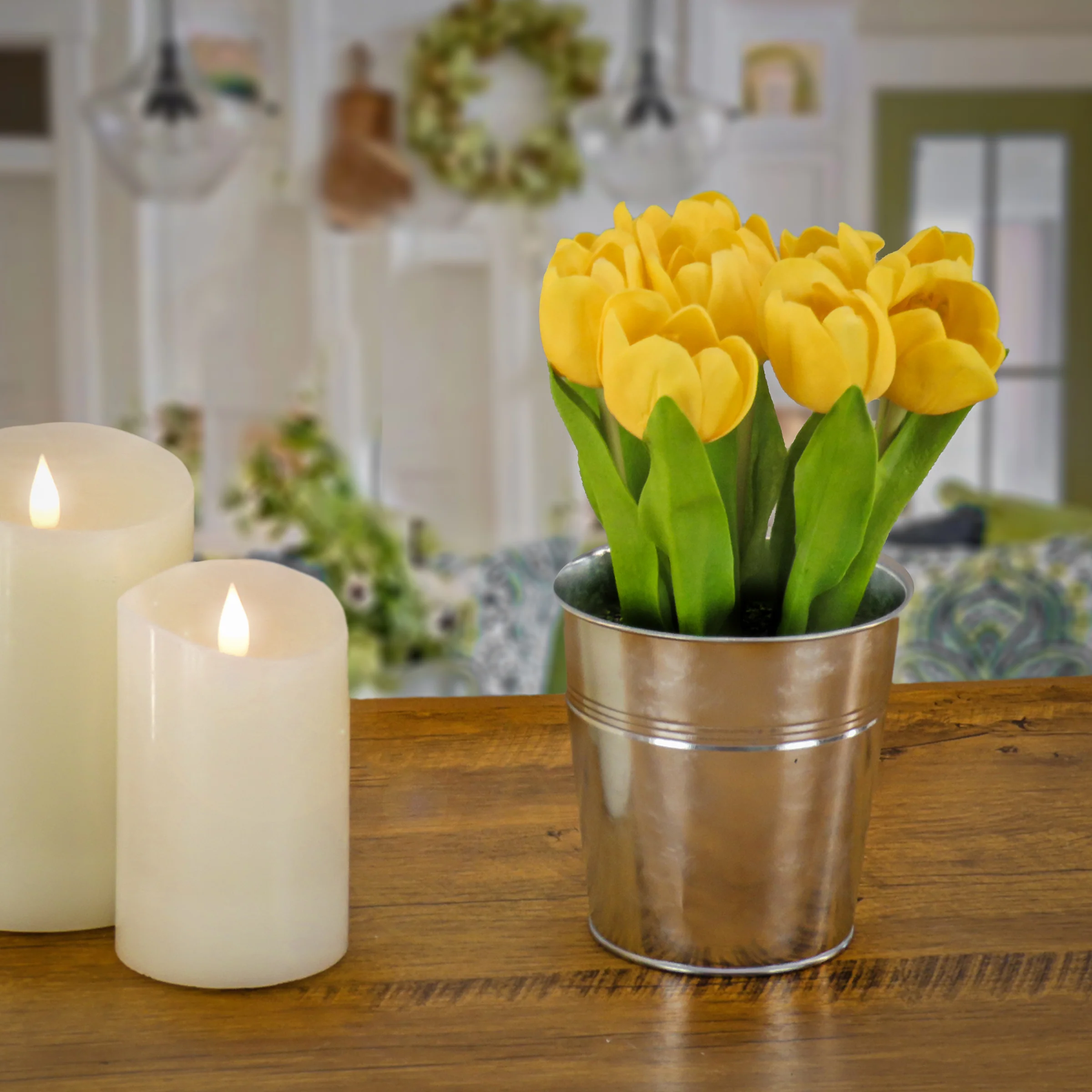 9 in. Spring Yellow Tulip Bouquet in Metal Pot - Image 2