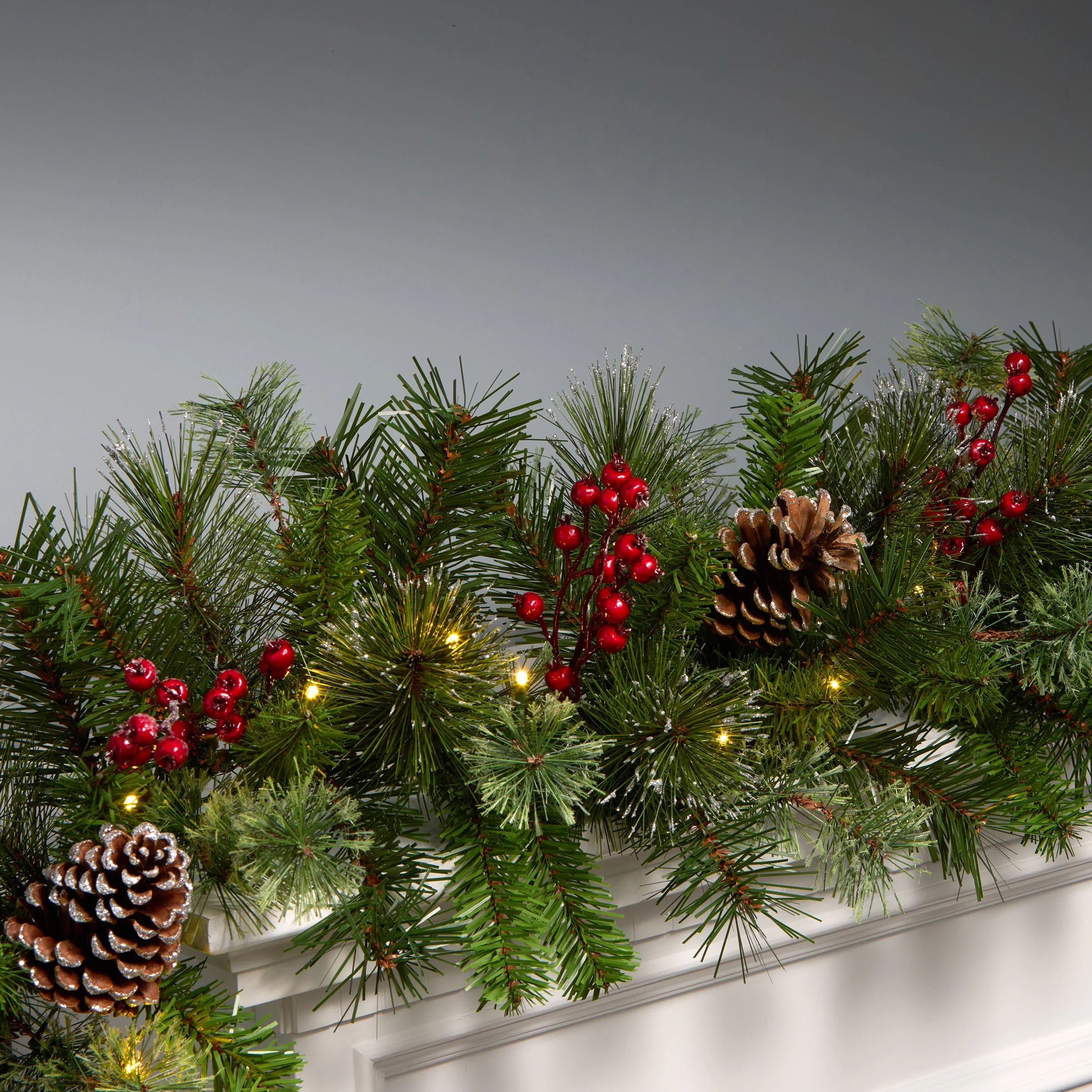 9 ft. Iced Berry Pine Garland with LED Lights - Image 2