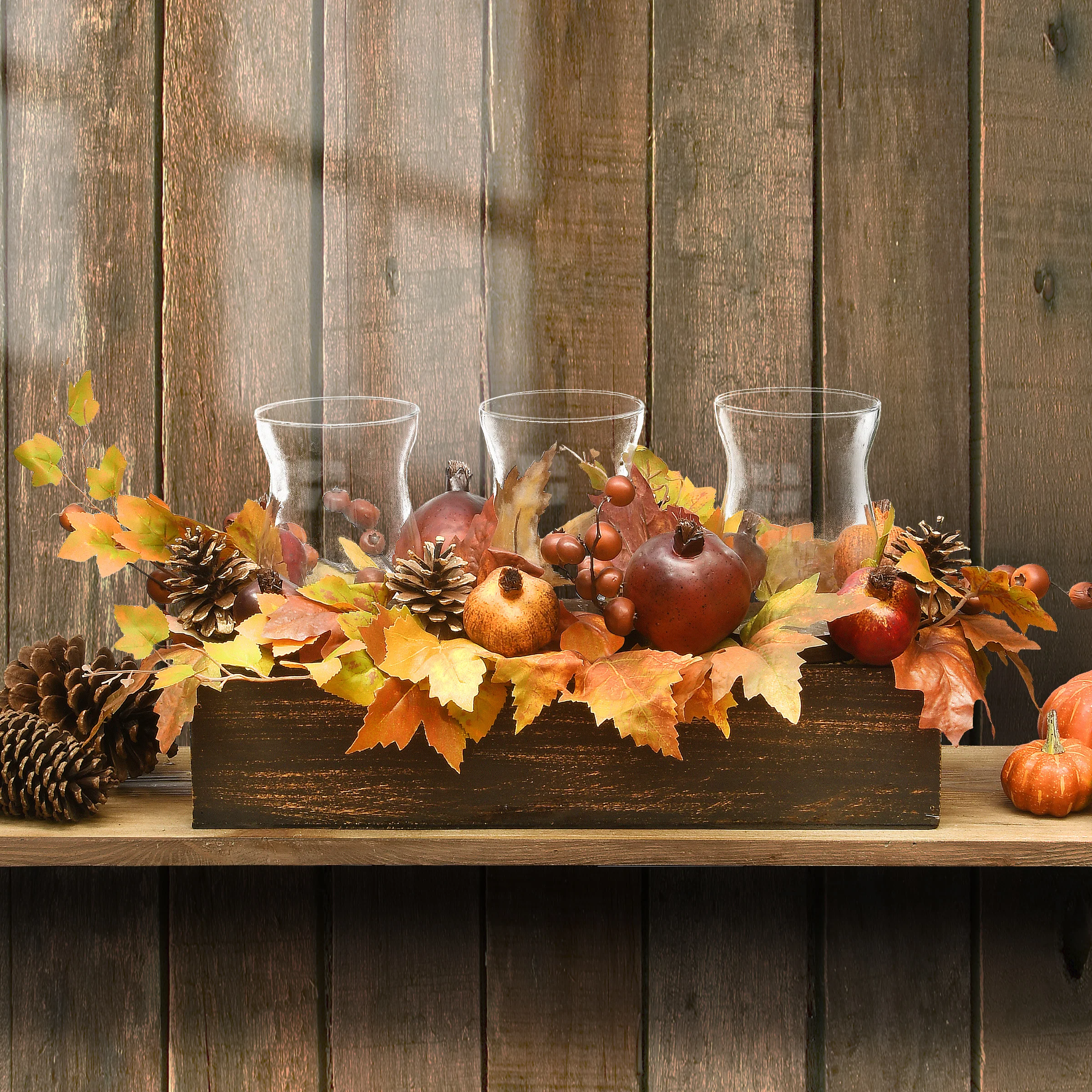 24 in. Fall Centerpiece, Decorated With Maple Leaves, Pomegranates, Pine Cones, Holds Three Candles - Image 2
