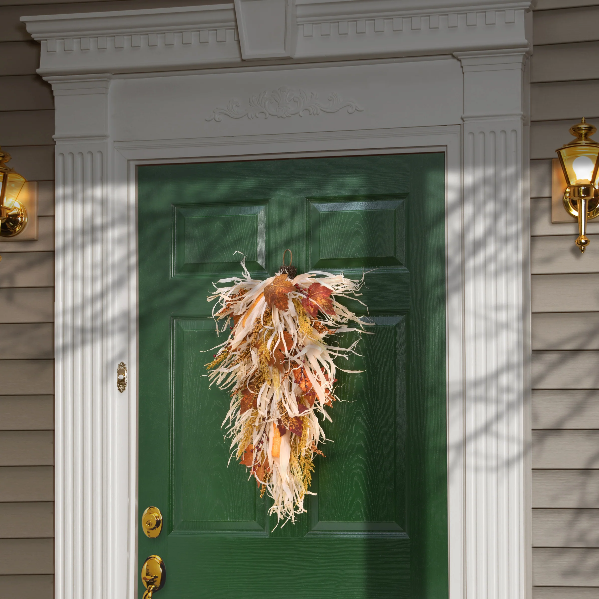 30 in. Fall Teardrop with Raffia Leaves, Corn Cobs, Berry Clusters - Image 2