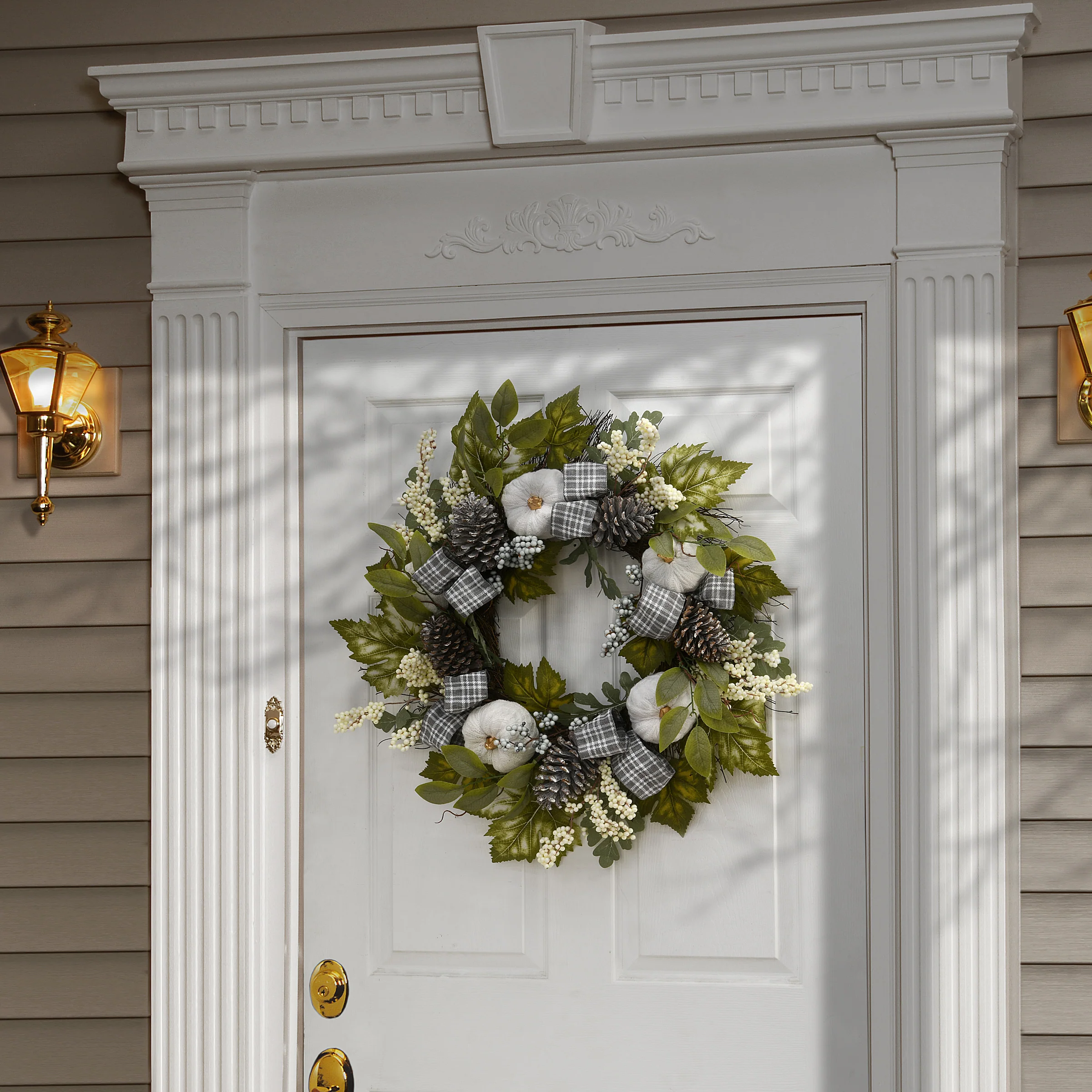 30 in. Fall Wreath with Pine Cones, Berry Clusters, Gourds, Fabric Bows - Image 2