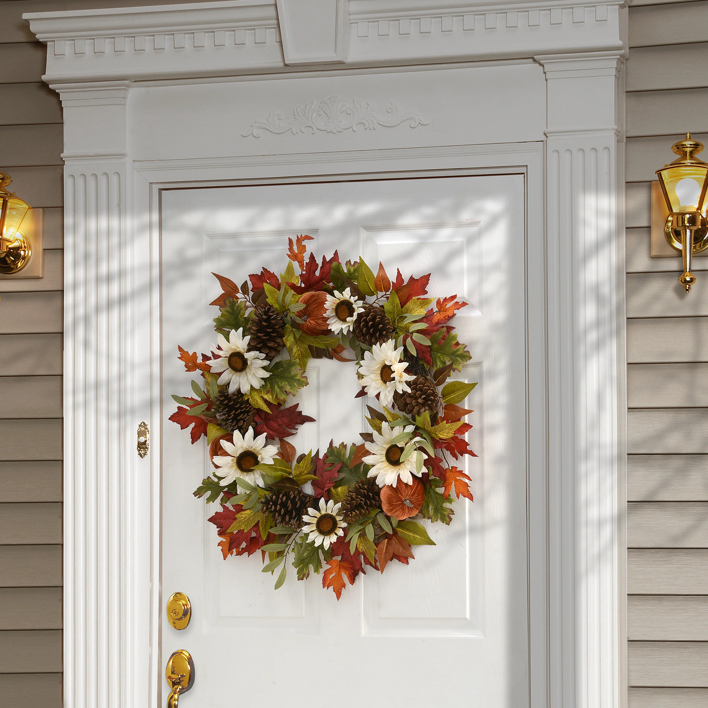 32 in. Fall Wreath with Pumpkin Gourds, Pine Cones, Maple Leaves, Sunflower Blooms - Image 2