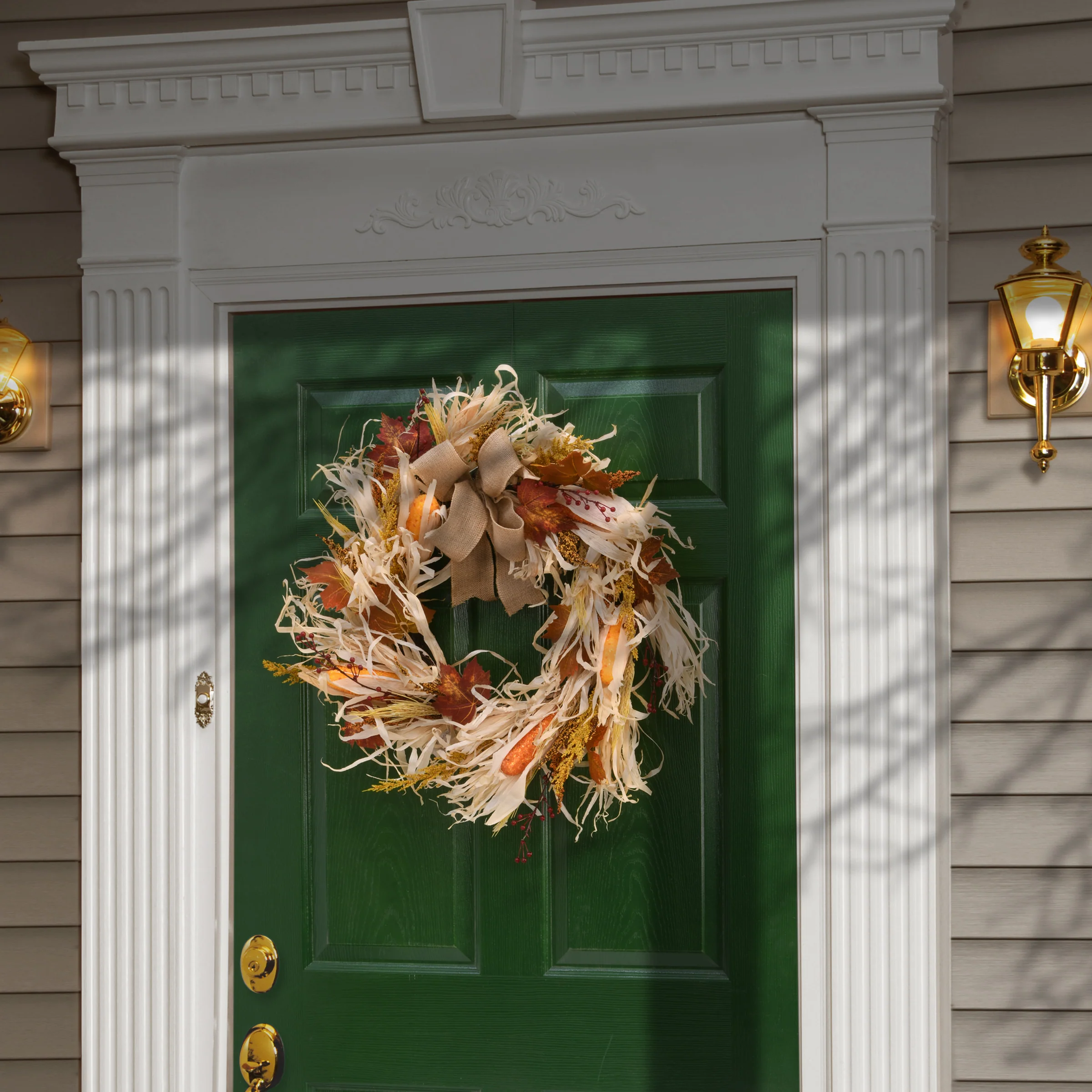 24 in. Fall Wreath with Raffia Leaves,  Corn Cobs, Berry Clusters - Image 2