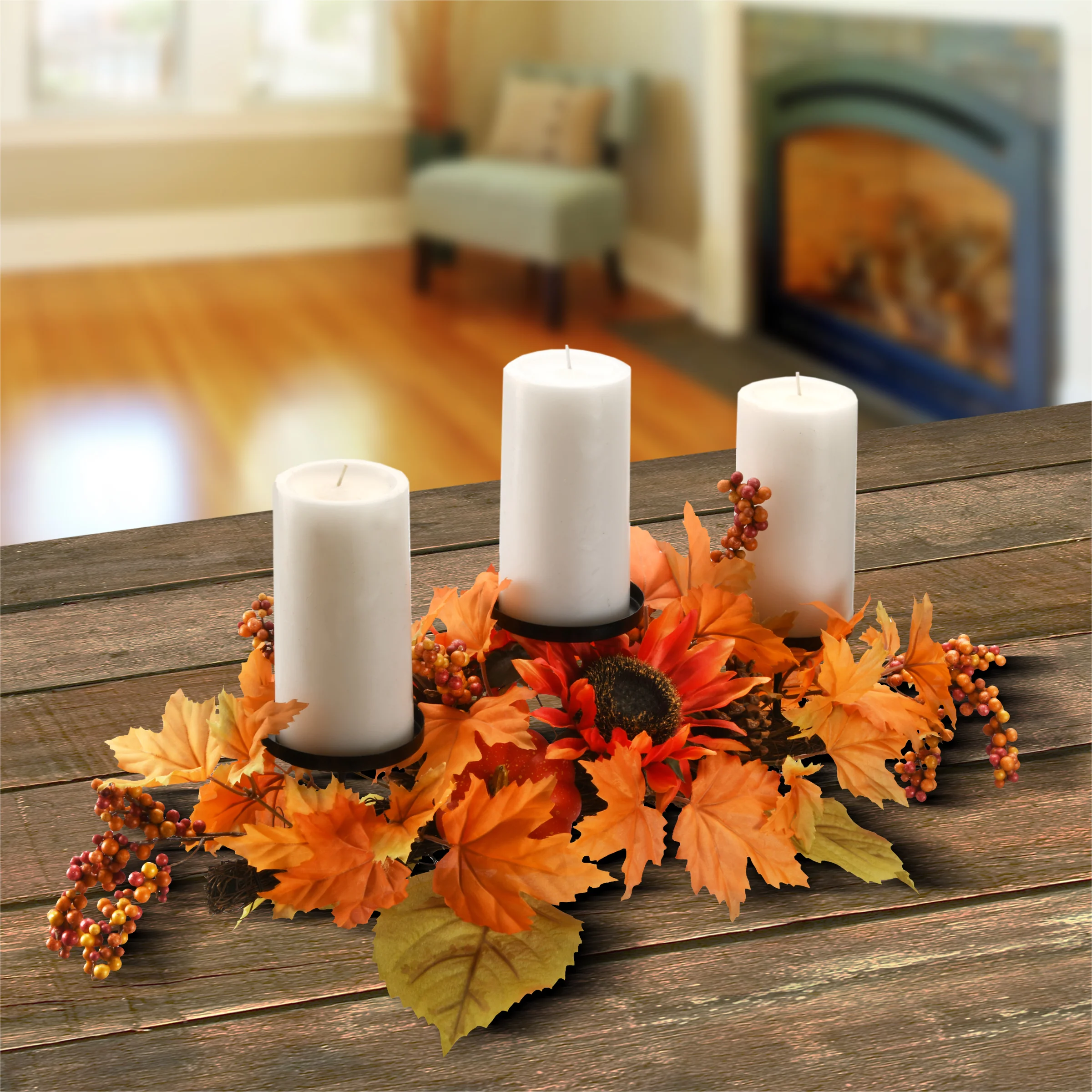 24 in. Fall Centerpiece, Three Candle Holders, Decorated with Sunflower Blooms, Pinecones, Berry Clusters - Image 2
