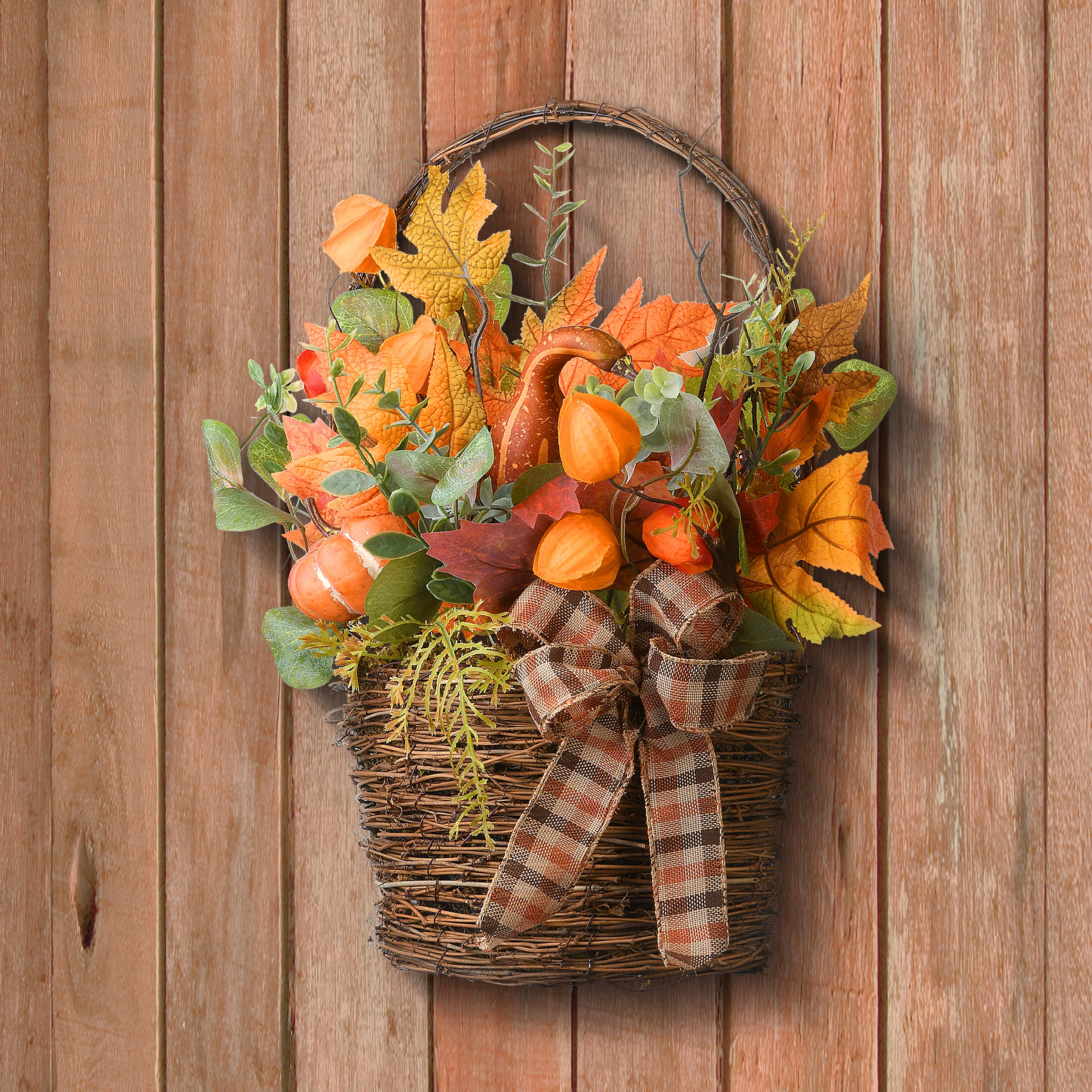 17 in. Fall Flowers in Wicker Basket with Pumpkins, Gourds, Flower Buds, Burlap Bows, Maple Leaves - Image 2