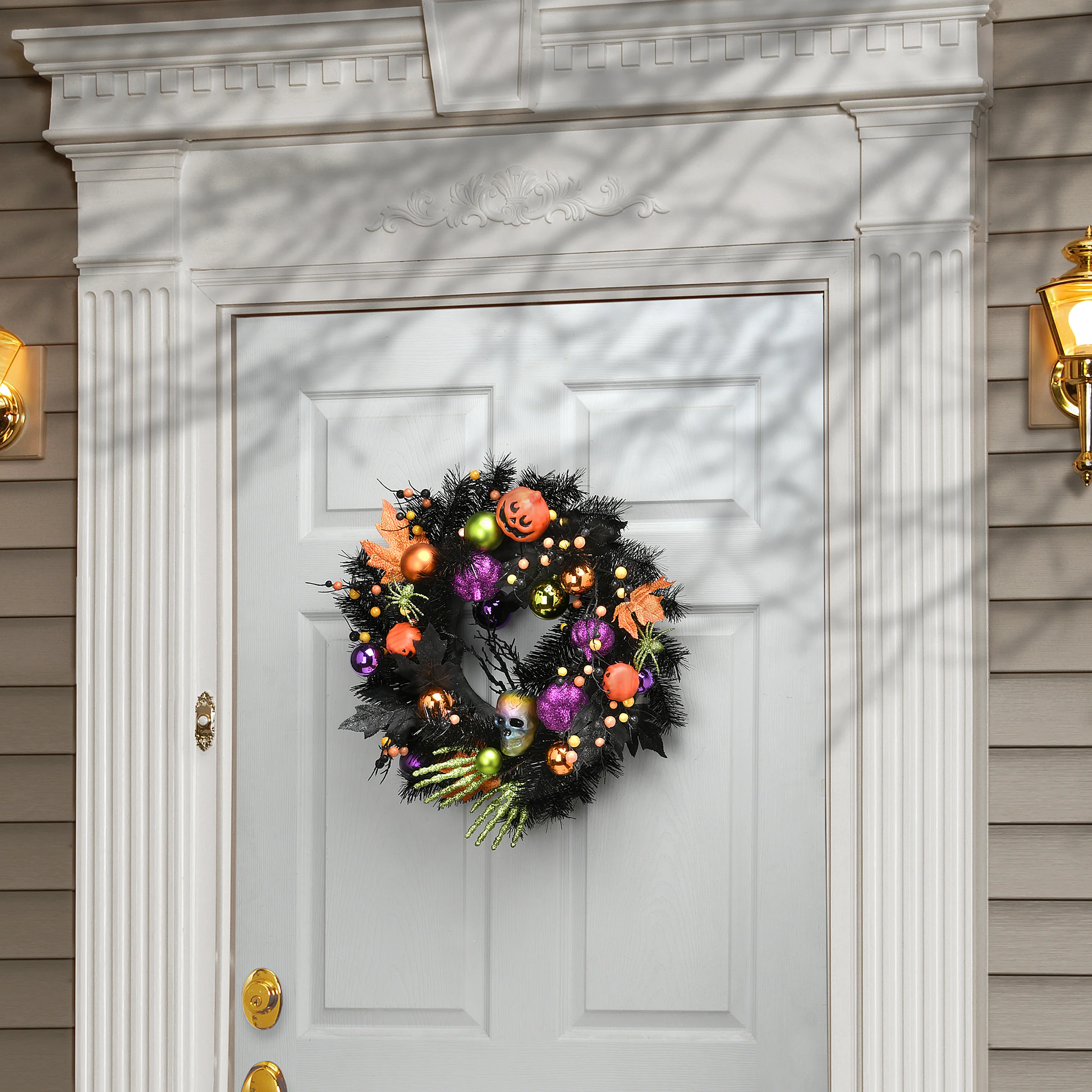 22 in. Halloween Wreath with Skulls, Jack O Lanterns, Spiders, Hands, Ball Ornaments, Leaves - Image 2
