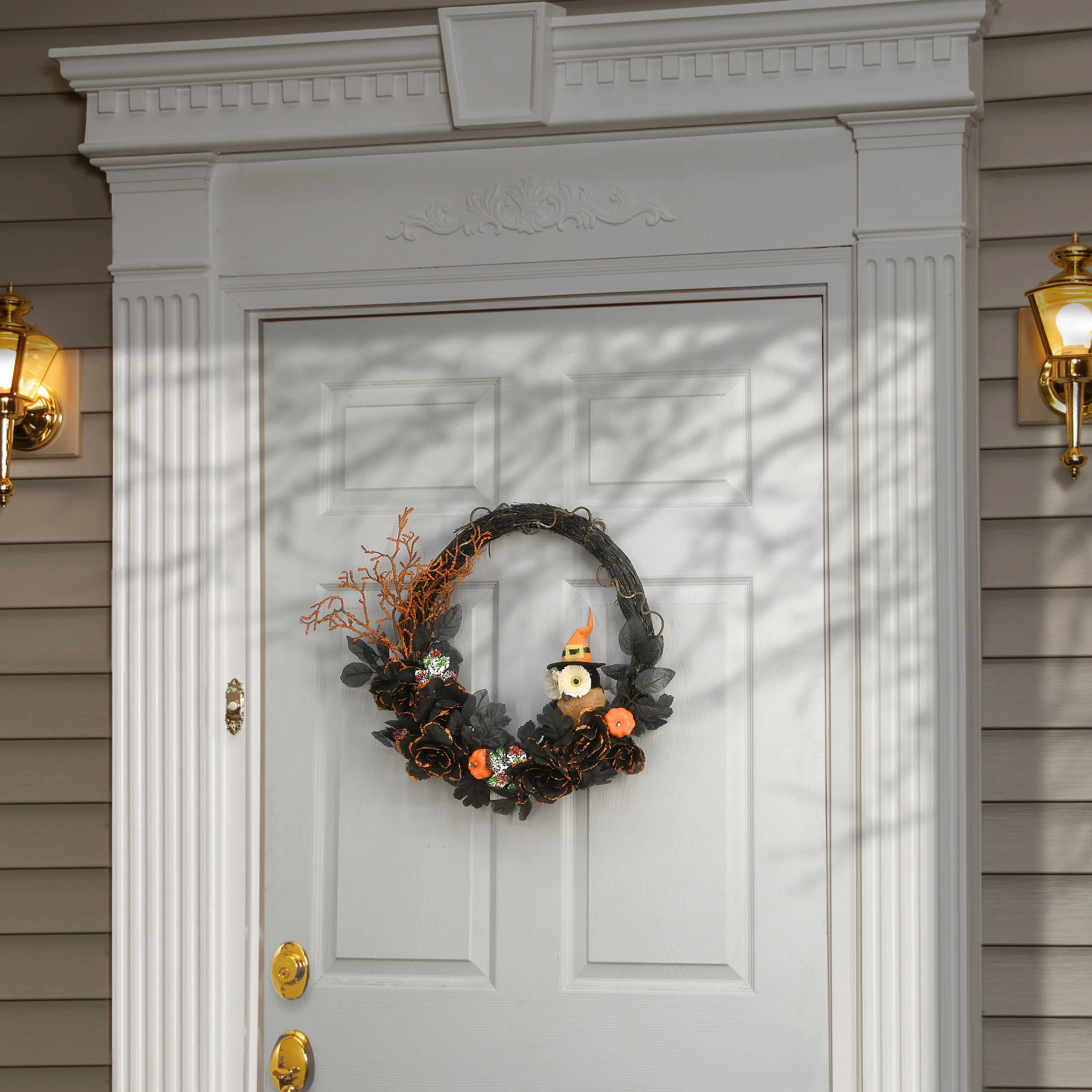Halloween Artificial Owl Wreath, Decorated with Owl Figurine, Assorted Black Leaves, Orange Branches, 19 Inches - Image 2