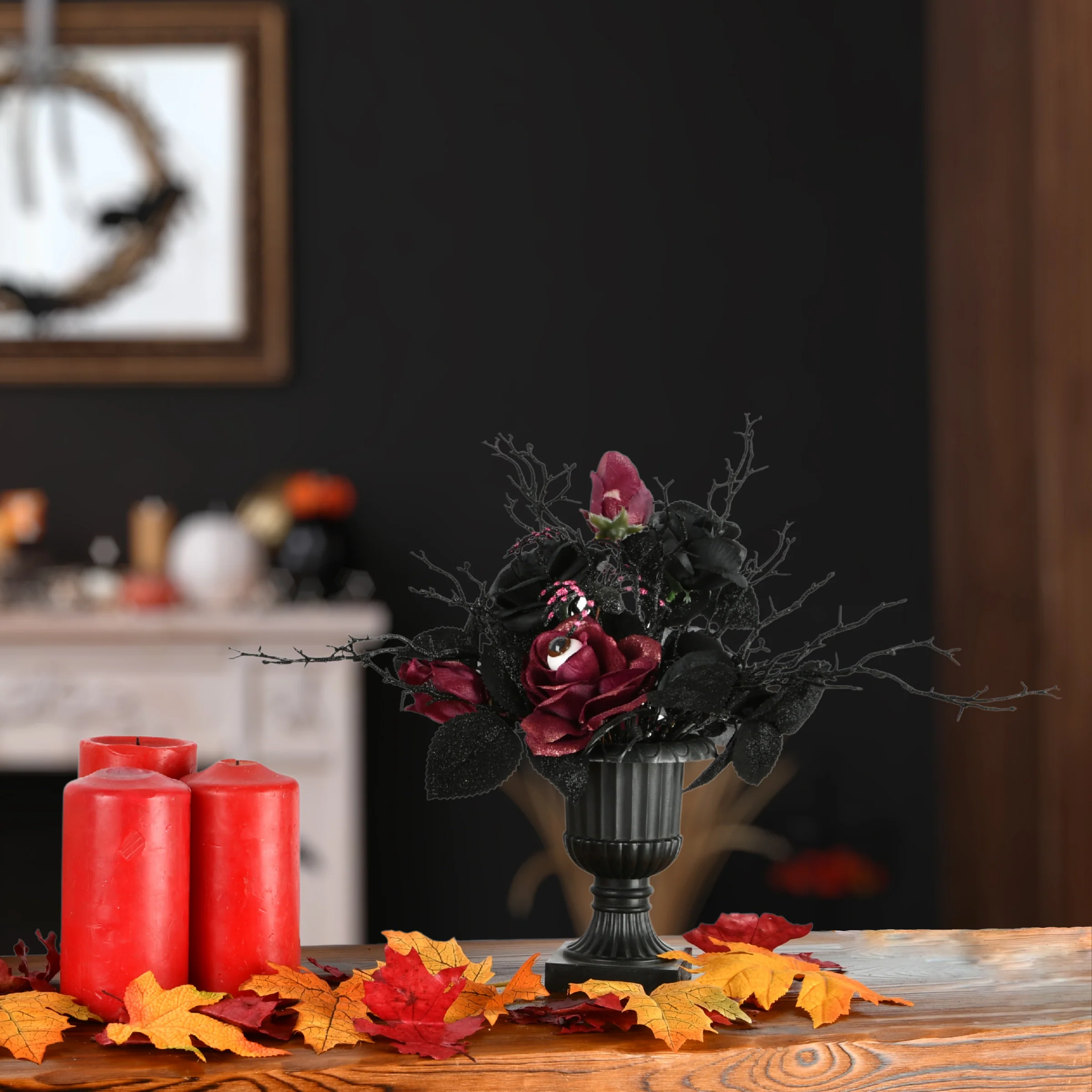 18 in. Halloween Rose Flowers Plant Decoration in a Black Urn - Image 2