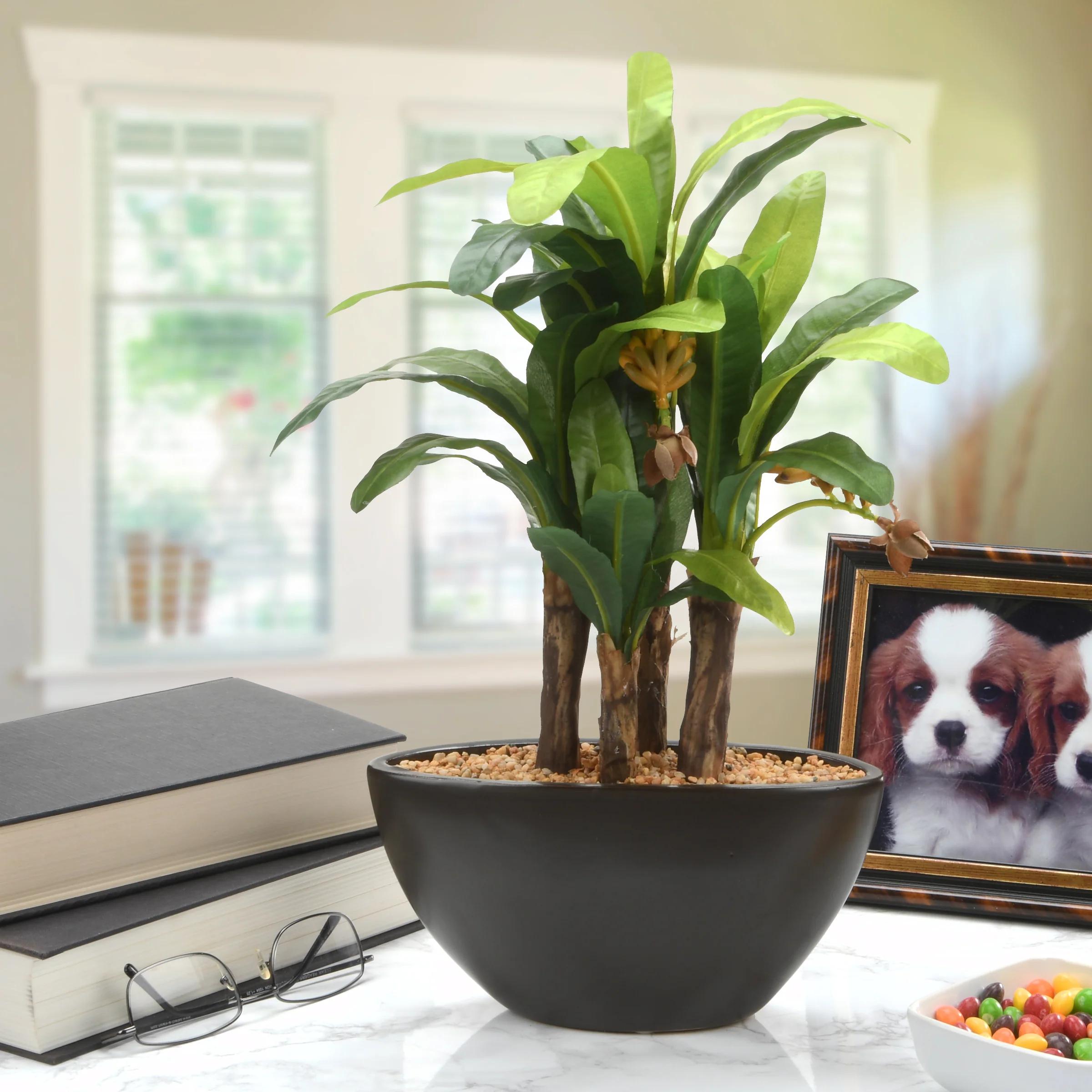Artificial Potted Plant, Banana Plant, Decorated with Small Banana Bunches, Leafy Greens, Includes Brown Base, Spring Collection, 16 Inches - Image 2