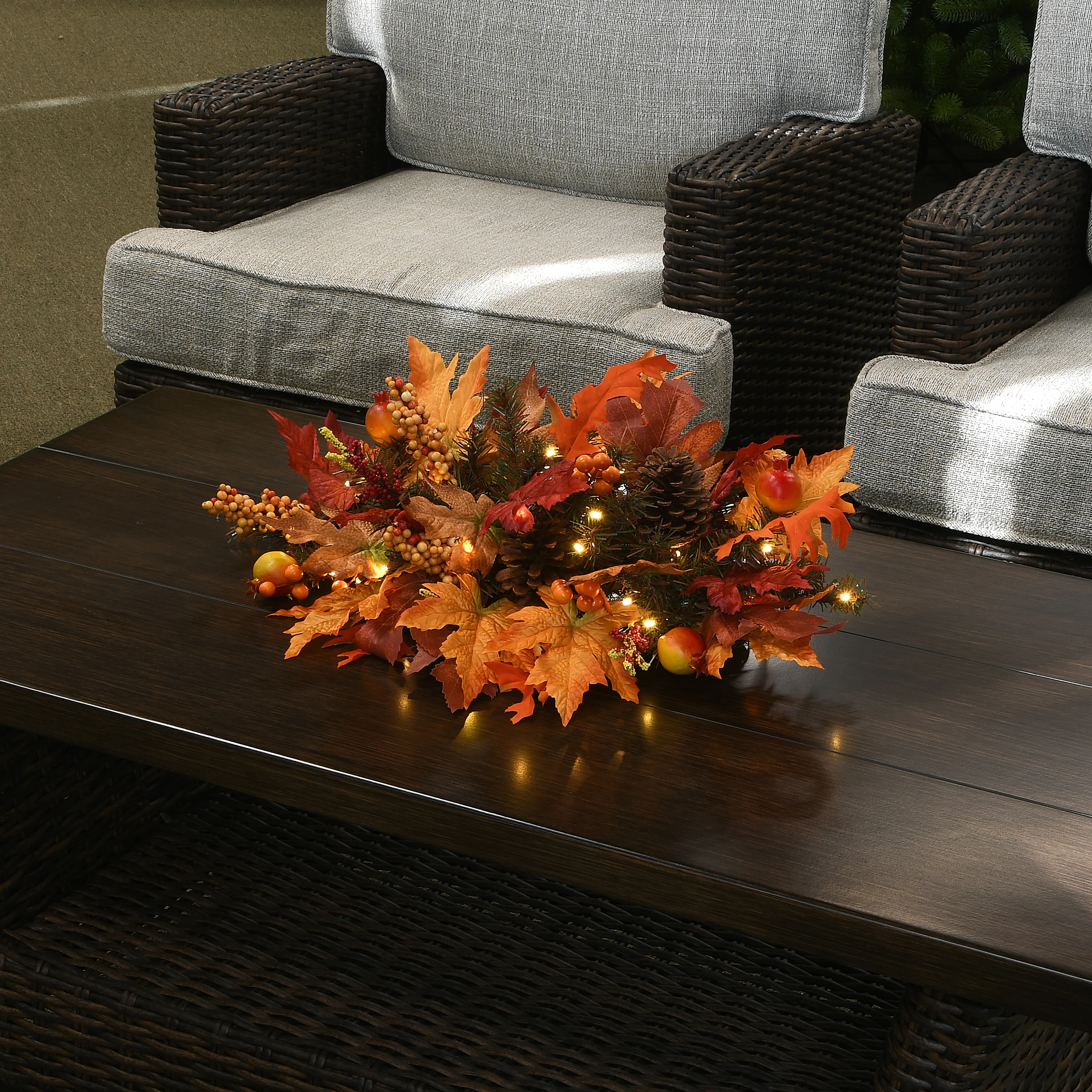 National Tree Company Artificial Pre-Lit Fall Centerpiece, Decorated with Pinecones, Fruit, Berry Clusters, Maple Leaves, LED Lights, Autumn Collection, 24 in - Image 2