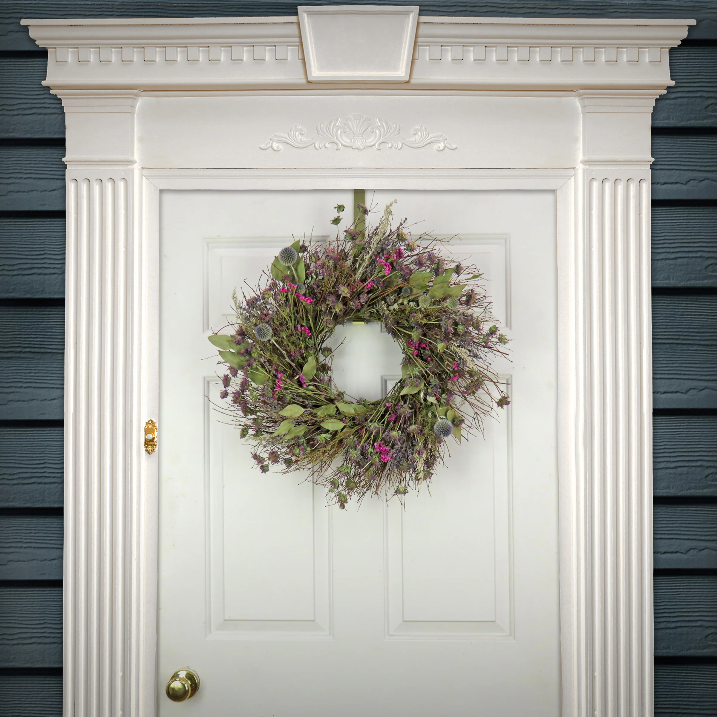 Artificial Spring Wreath, Metal Ring Base, Decorated with Eucalyptus, Wildflowers, Leafy Greens, Spring Collection, 22 Inches - Image 2