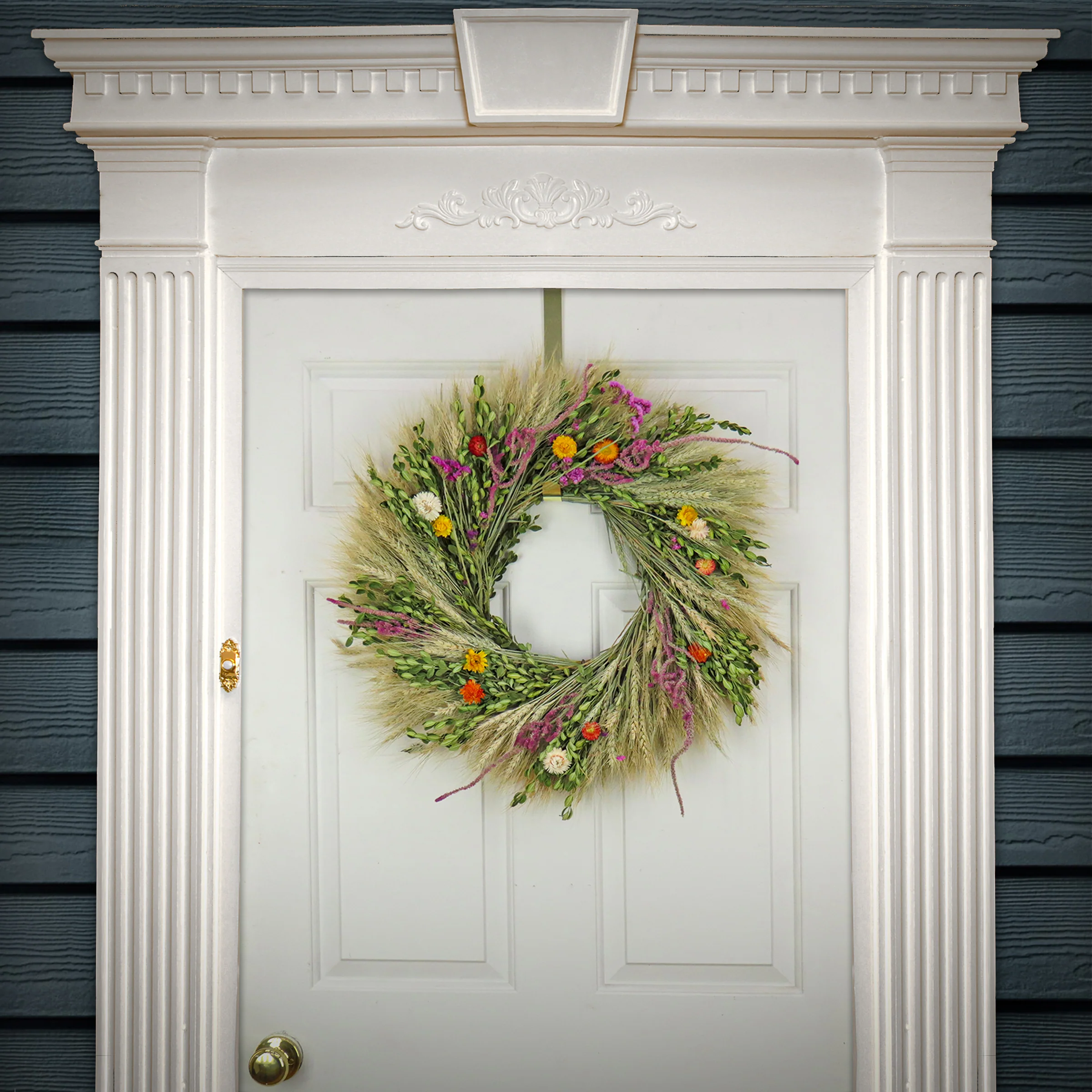 Artificial Spring Wreath, Metal Ring Base, Decorated with Flower Blooms, Seed Pods, Wheat Stalks, Spring Collection, 22 Inches - Image 2