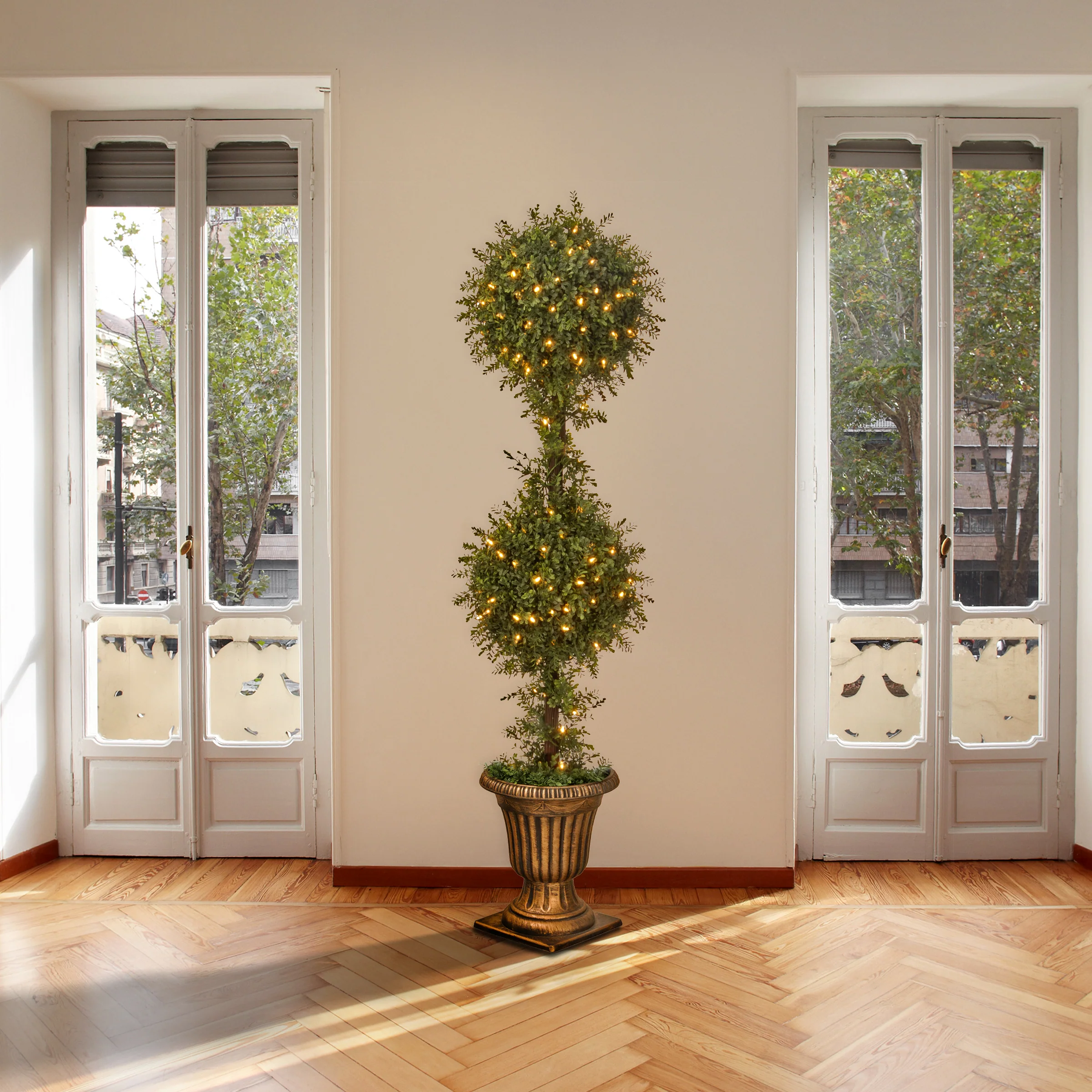 60 in. Pre-Lit Mini Tea Leaf 2 Ball Topiary in a Gold Urn with Clear Lights - Image 2