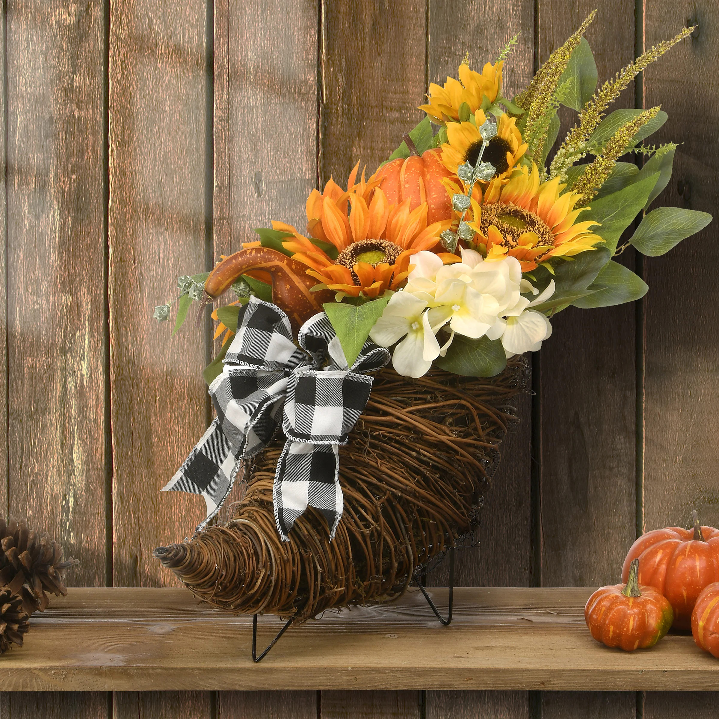 20 in. Wicker Cornucopia Basket Decoration with Pumpkins, Sunflower Blooms, Assorted Leaves - Image 2