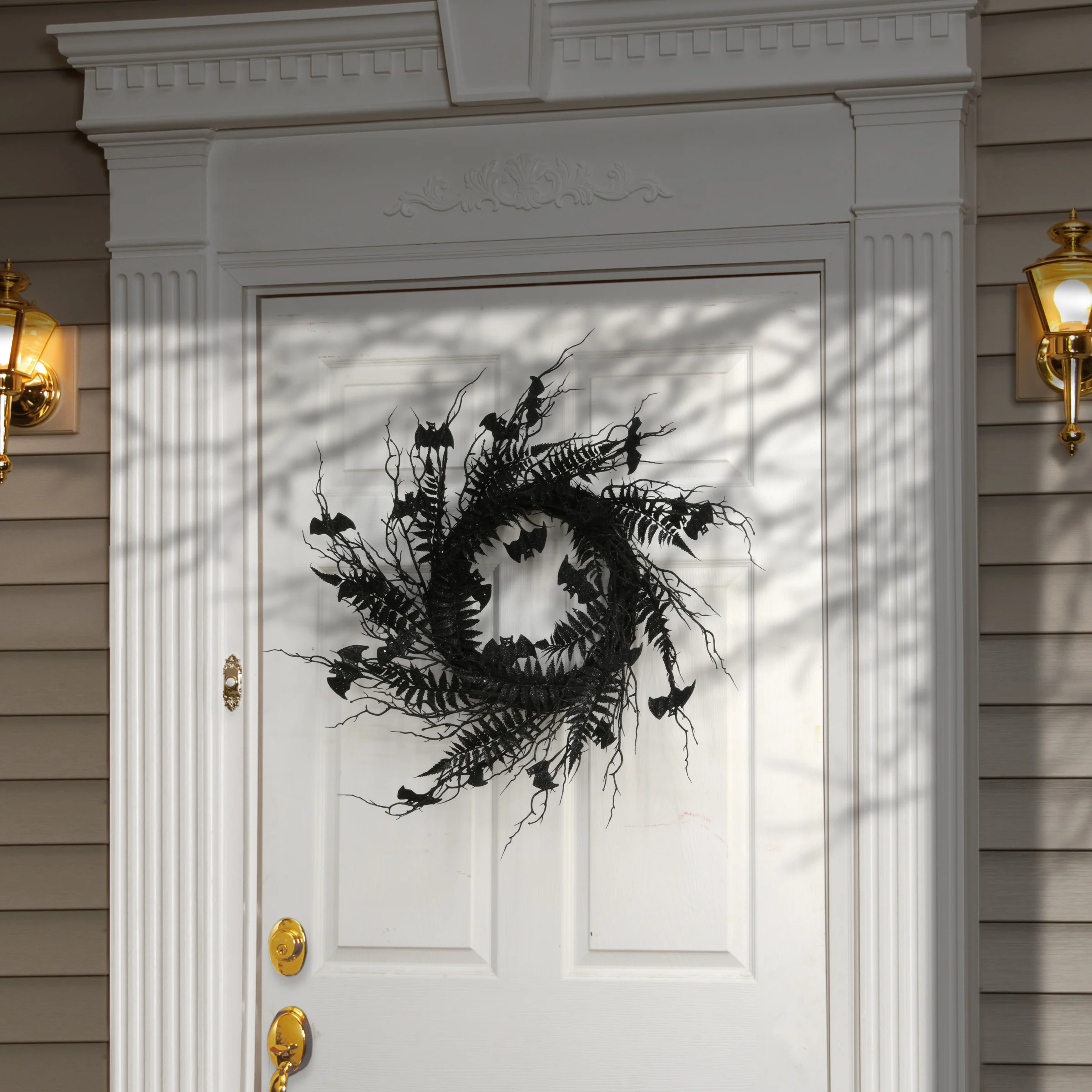 24 in. Halloween Spooky Wreath with Bats, Fern Leaves, Branches - Image 2