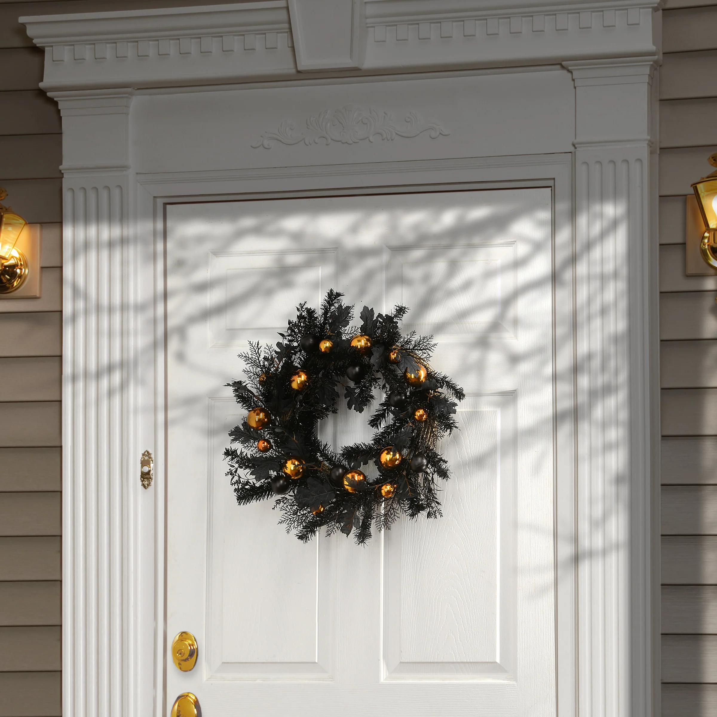 24 in. Halloween Spooky Wreath with Black and Orange Ball Ornaments, Leaves - Image 2