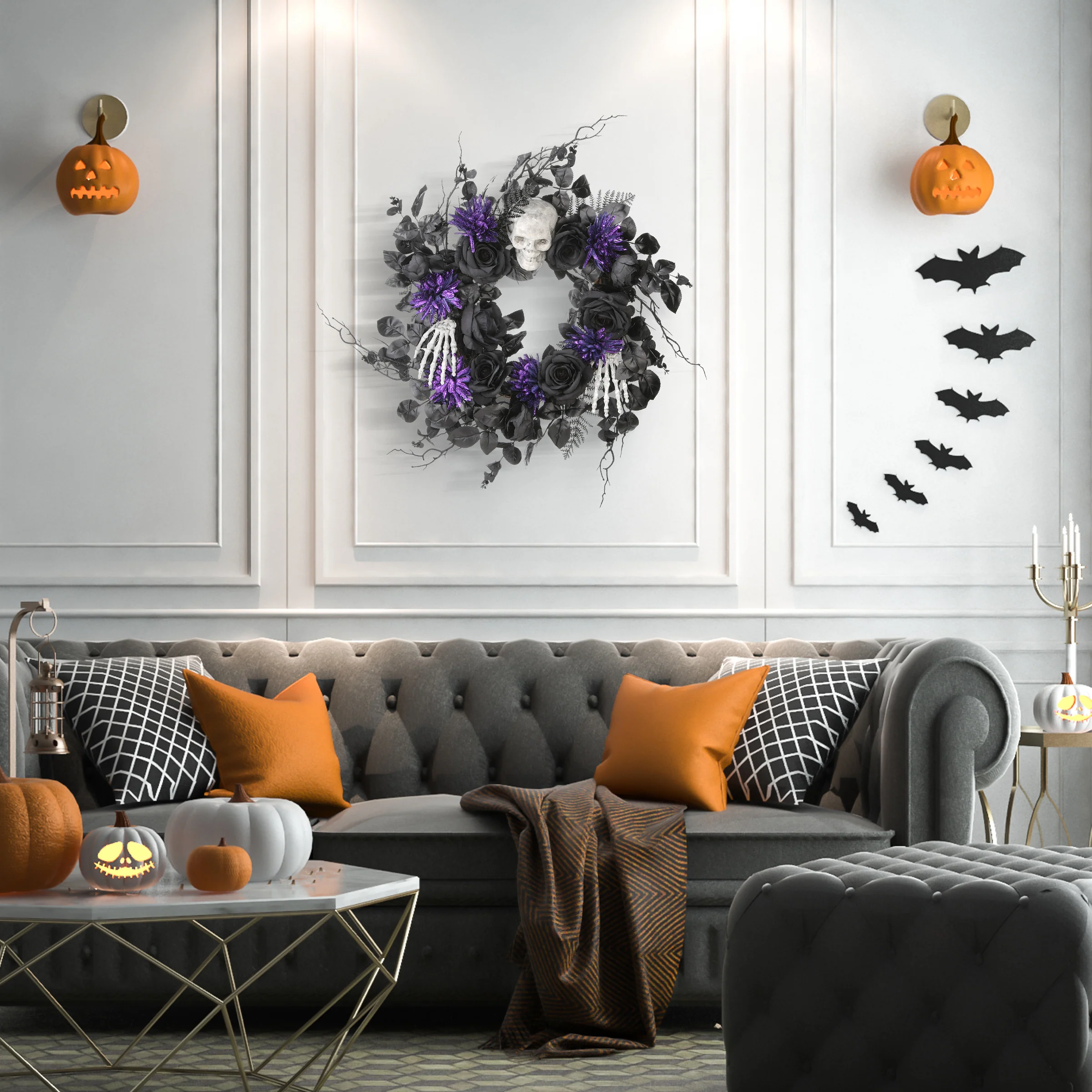 24 in. Halloween Spooky Wreath with Skulls, Roses, Purple Flowers - Image 2