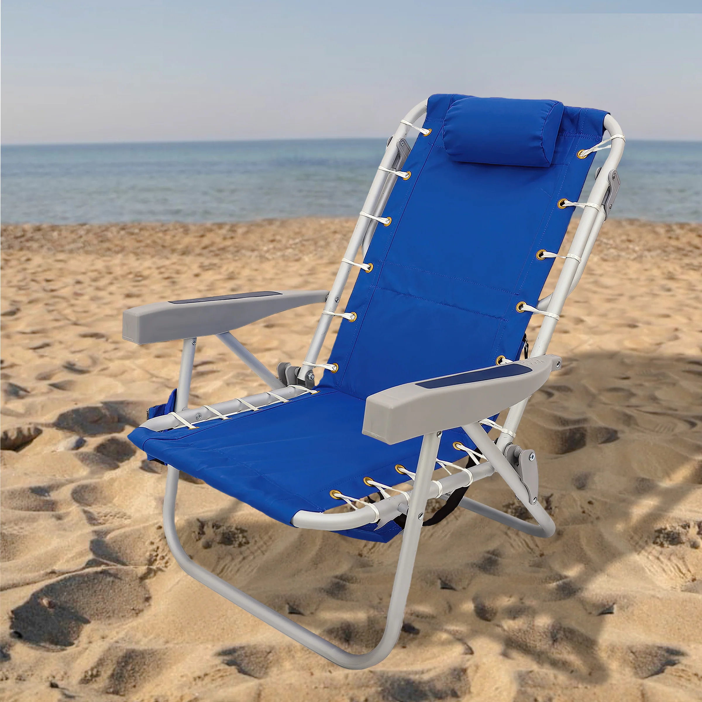 24x24x26 in. Aluminum Blue Horizontal Stripe Print Beach Chair with Pillow and side Pouch - Image 2