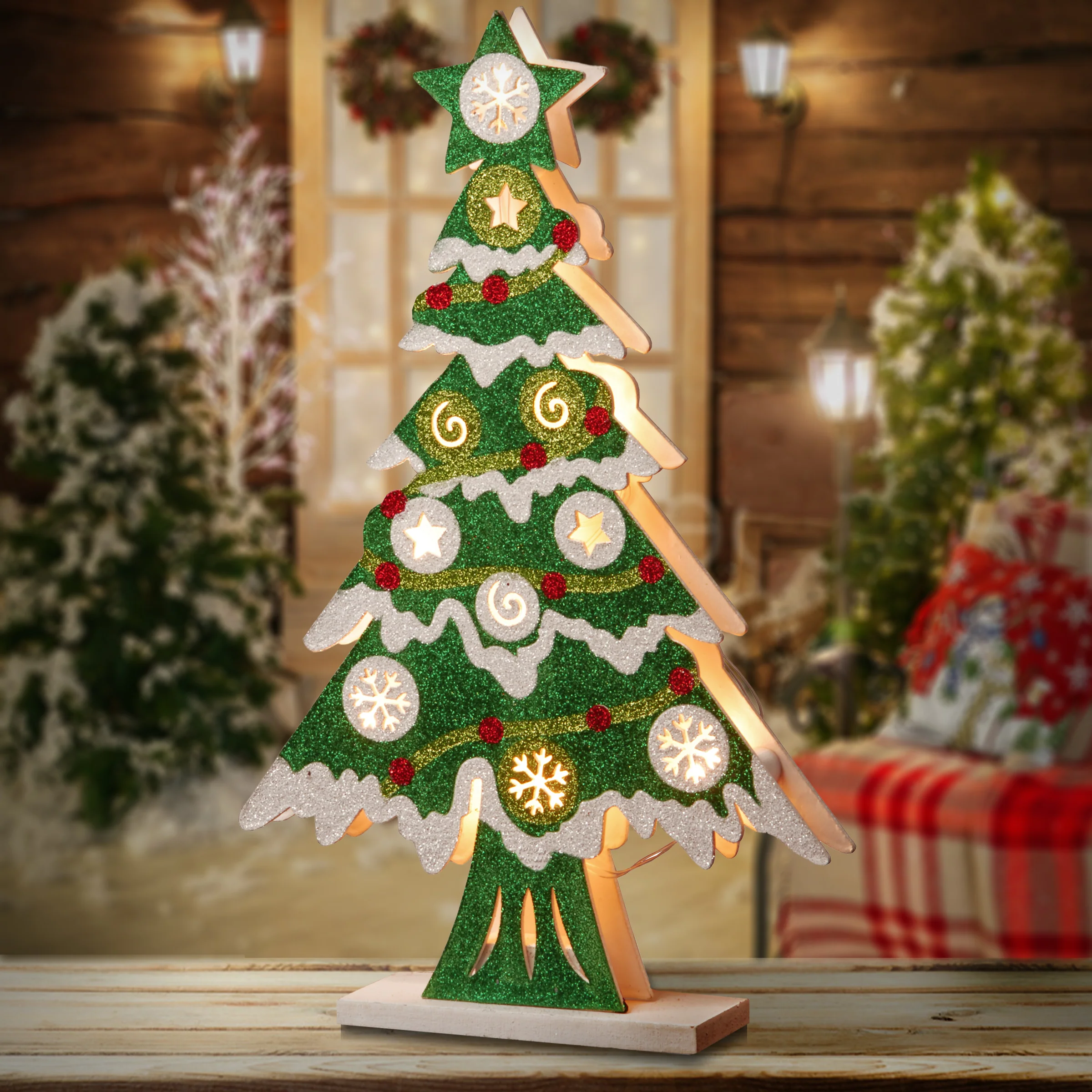 17 in. Pre-Lit Wooden Christmas Tree - Image 2