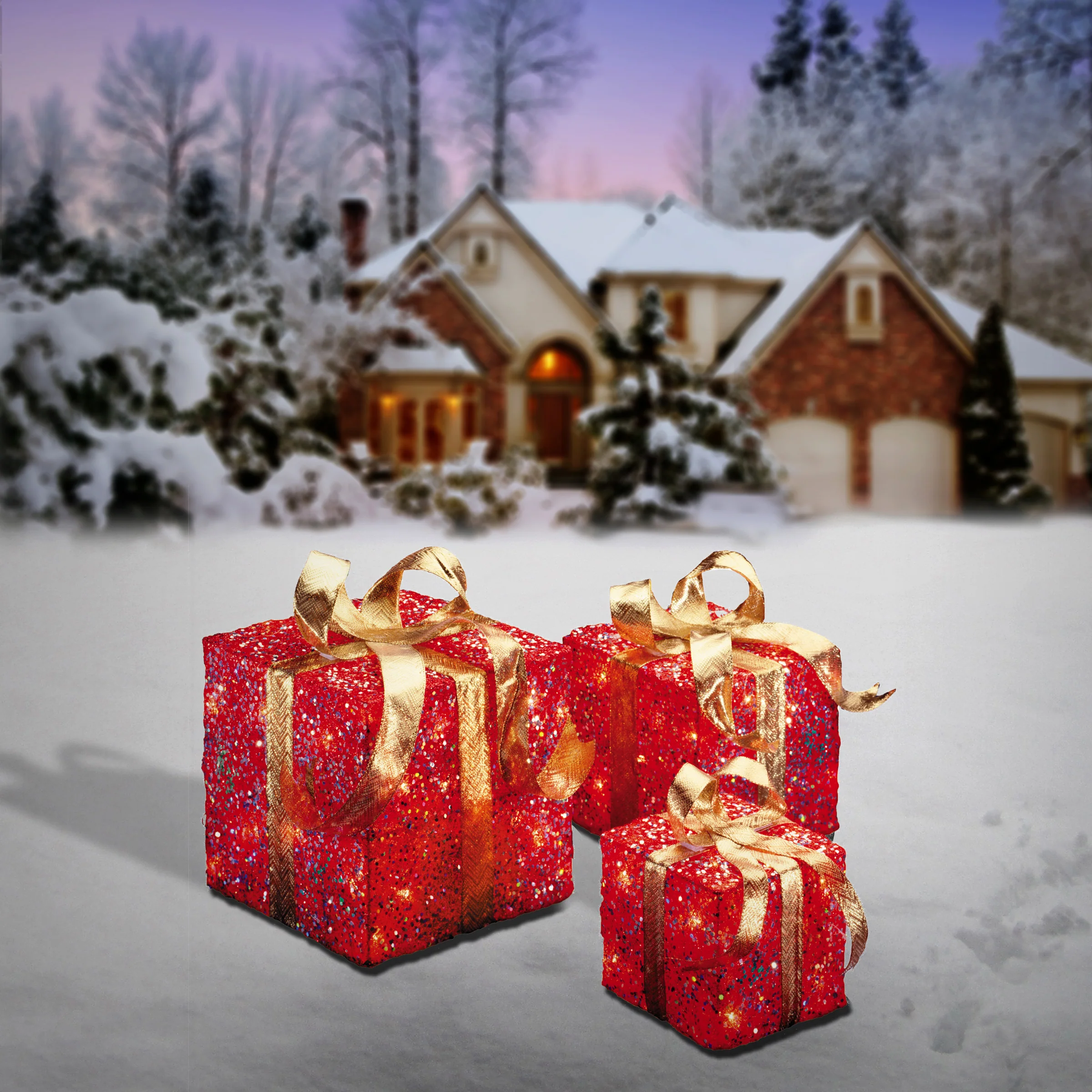 Pre-Lit Red Gift Box with Gold Bow, Set of Three, White Lights, Plug-In - Image 2