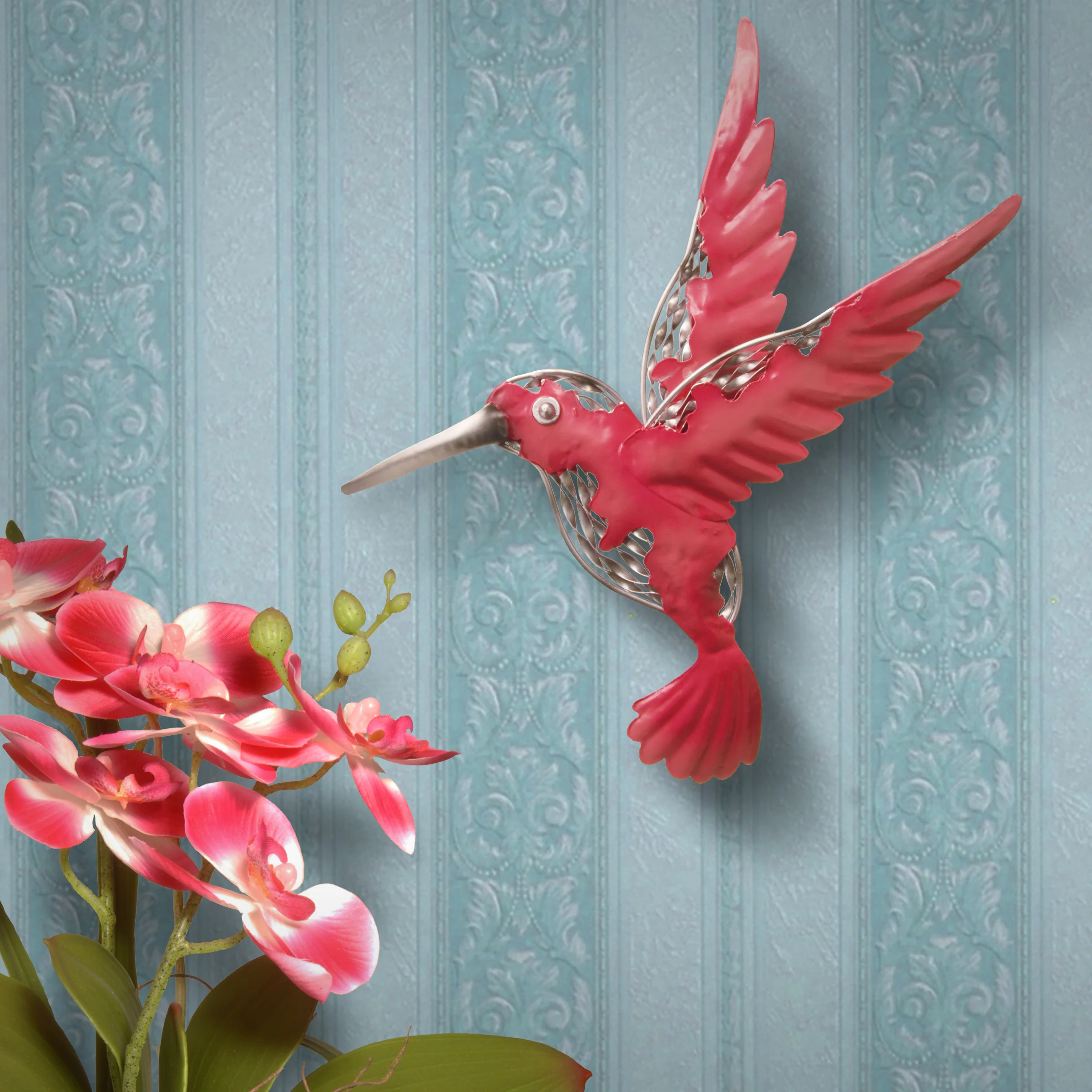 14 in. Majestic Pink Bird Metal Wall Decoration - Image 2